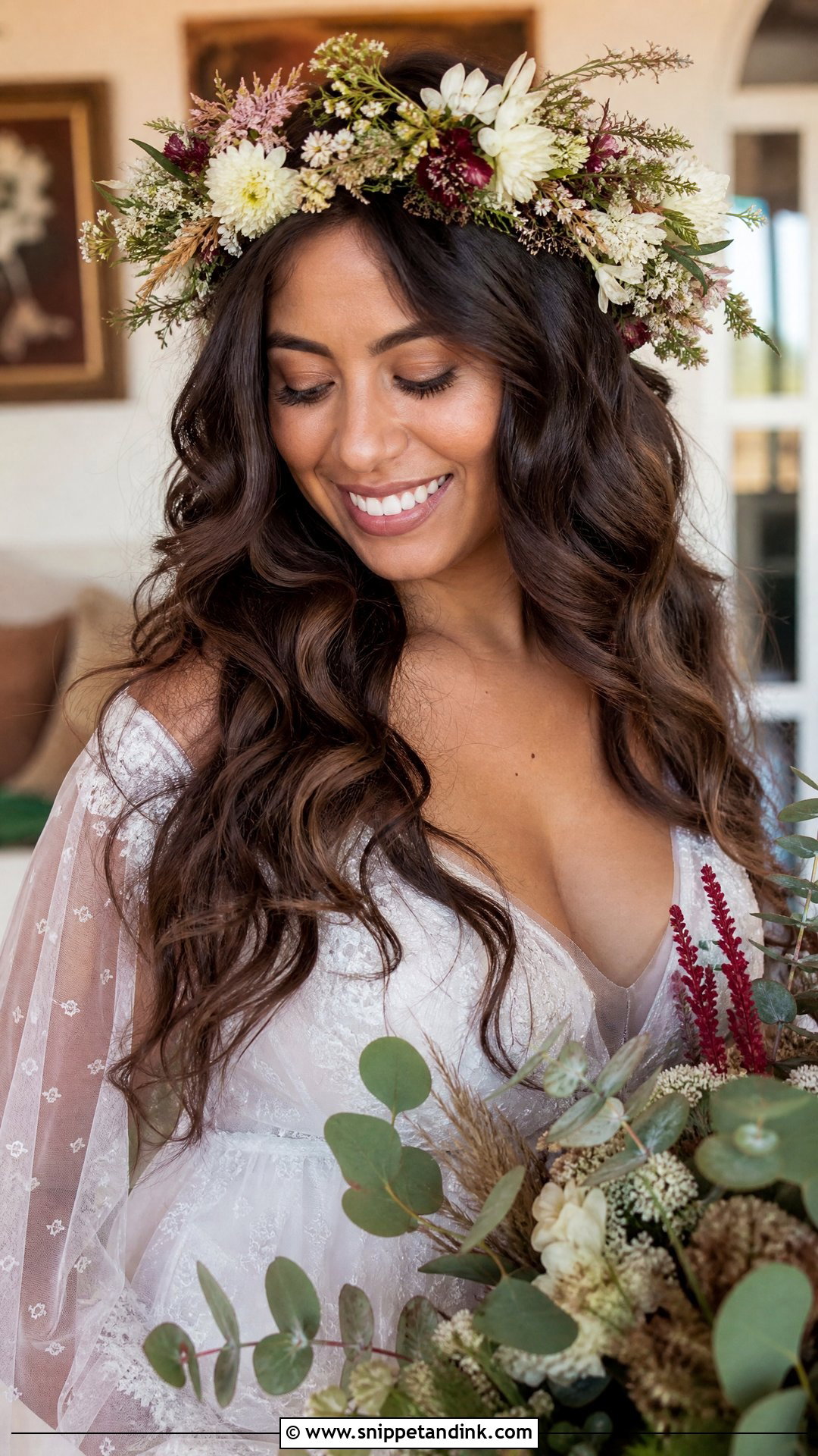 Boho Waves With Flower Crown - Snippet and Ink - 20 Christian Bride Hairstyle with Crown Ideas