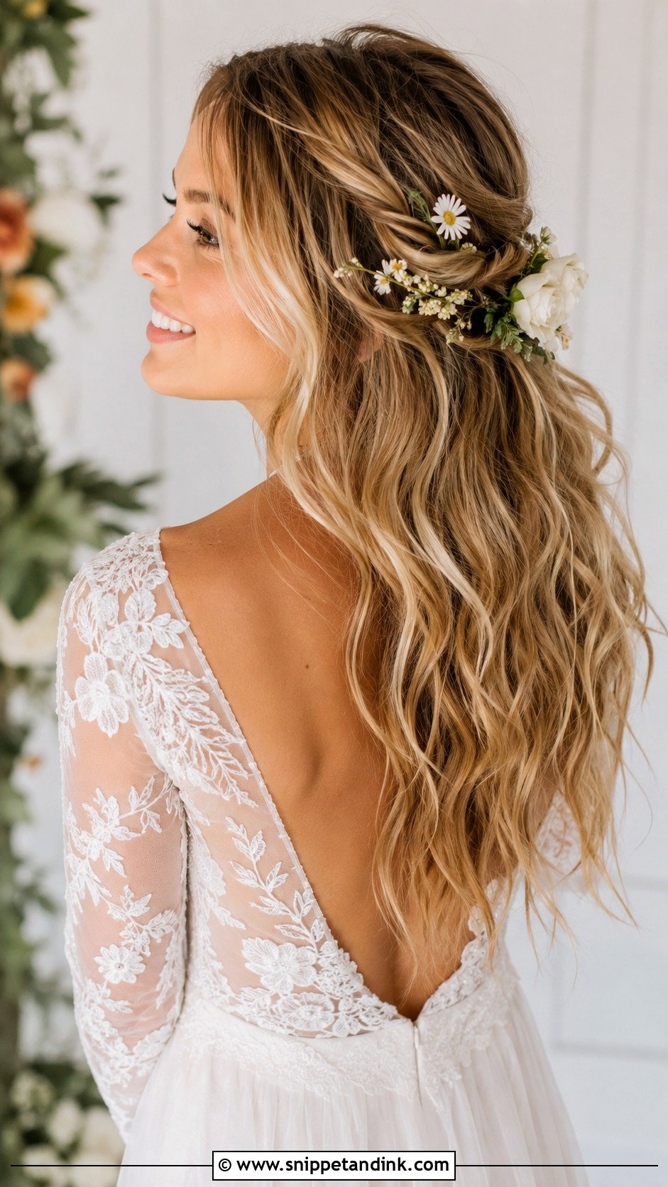 Boho Waves With Flowers - Snippet and Ink - 35 Bridal Hair Ideas