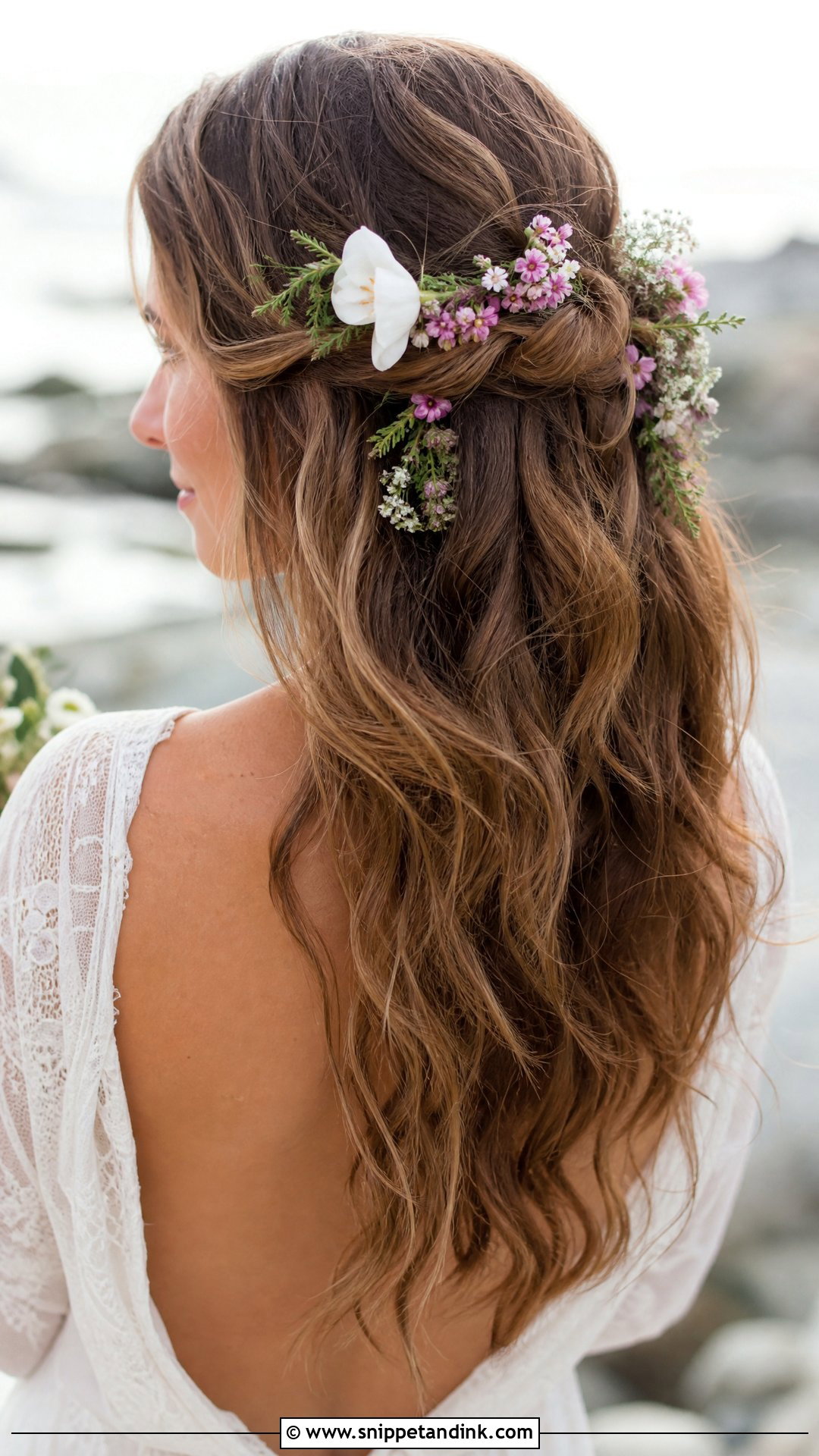 Boho Waves With Flowers - Snippet and Ink - 20 Wedding Hairstyles Front View