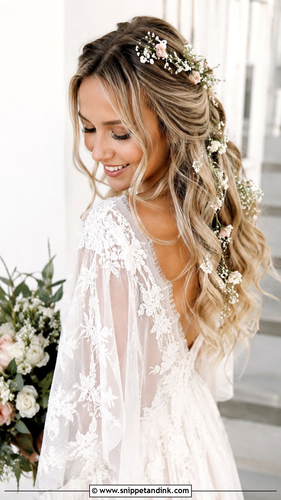 Boho Waves With Flowers - Snippet and Ink - 25 Elegant Wedding Hair Down Ideas