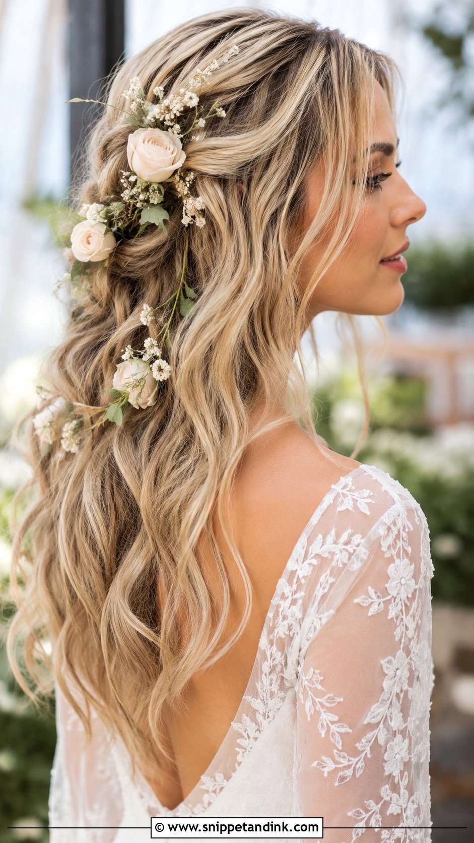 Boho Waves With Flowers Wedding Hairstyle - Snippet and Ink - 35 Wedding Hairstyles