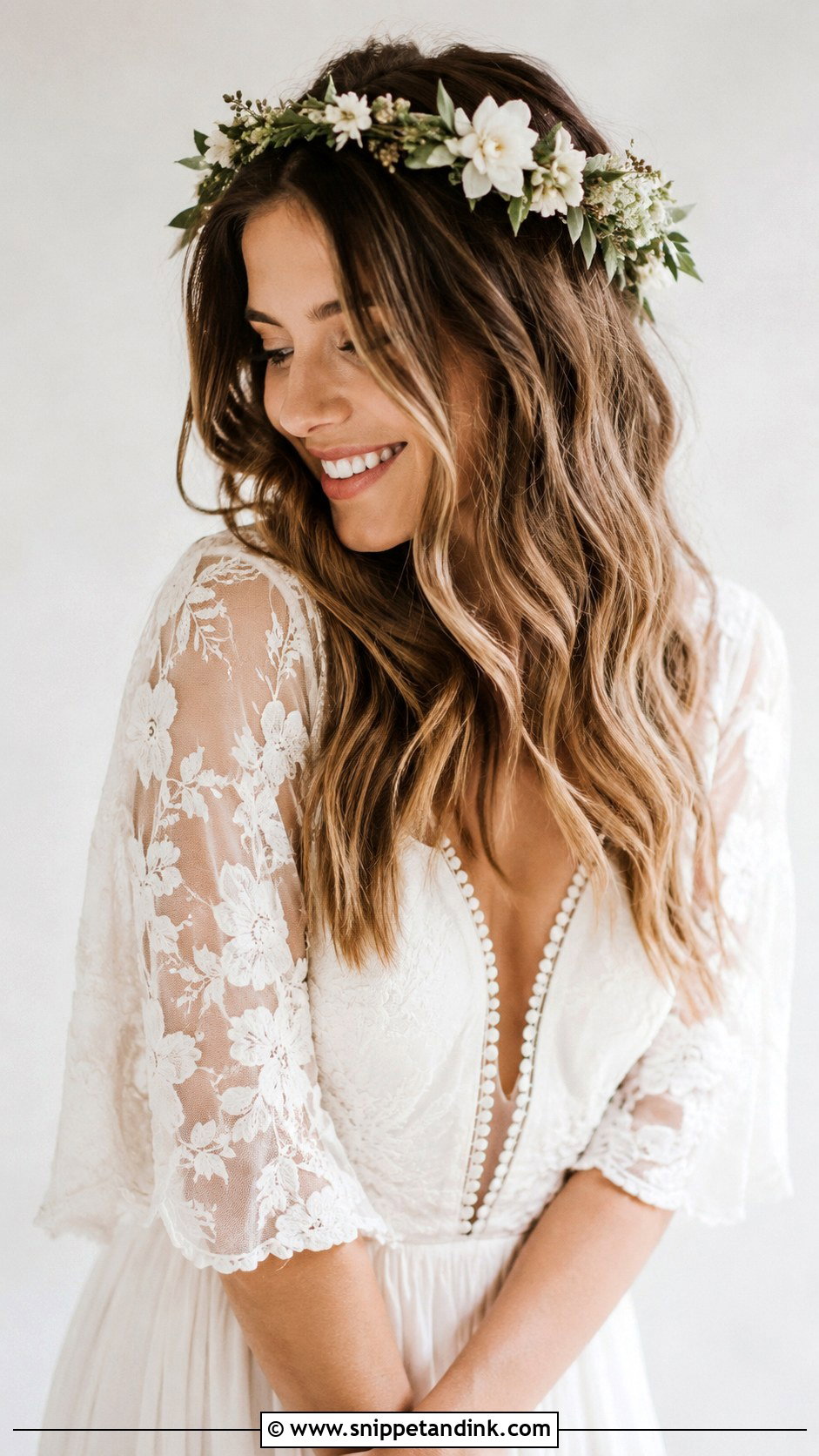 Boho Waves With a Floral Halo - Snippet and Ink - 20 Round Face Bridal Hair Ideas