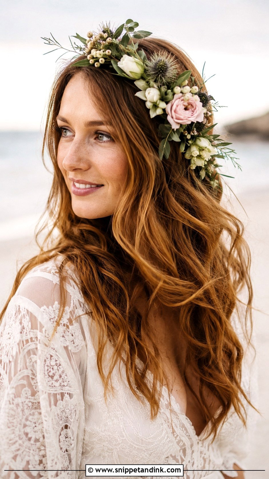 Boho Waves With a Side Flower Halo - Snippet and Ink - 25 Wedding Hair with Flowers