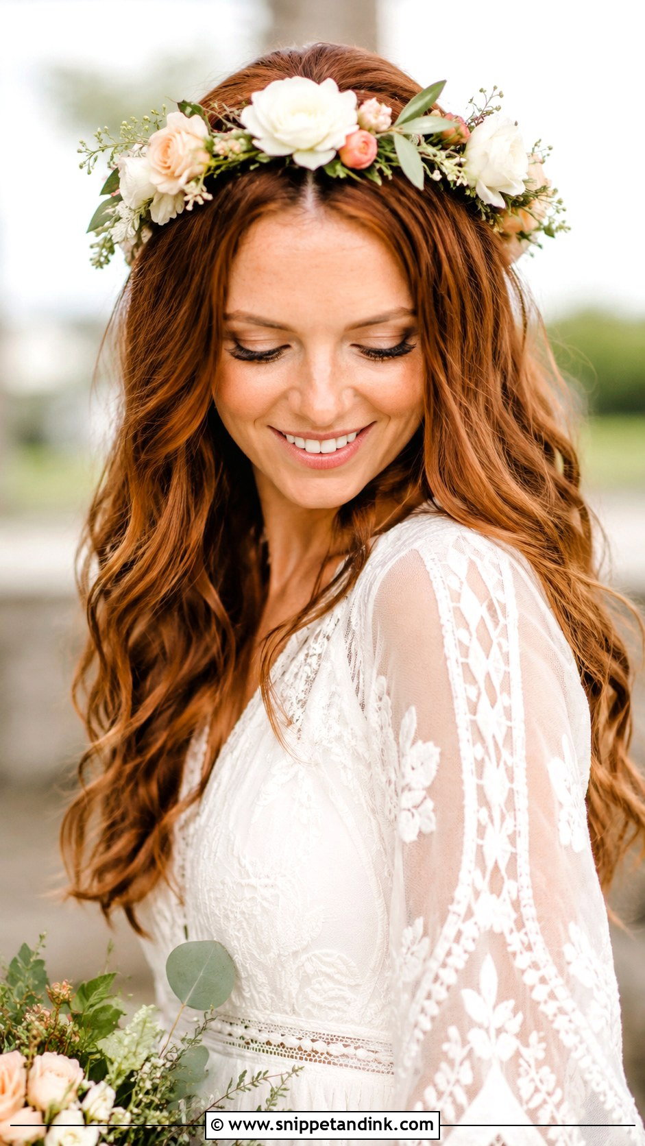 Boho Waves with Flower Crown - Snippet and Ink - 30 Classy Wedding Hair Down Ideas