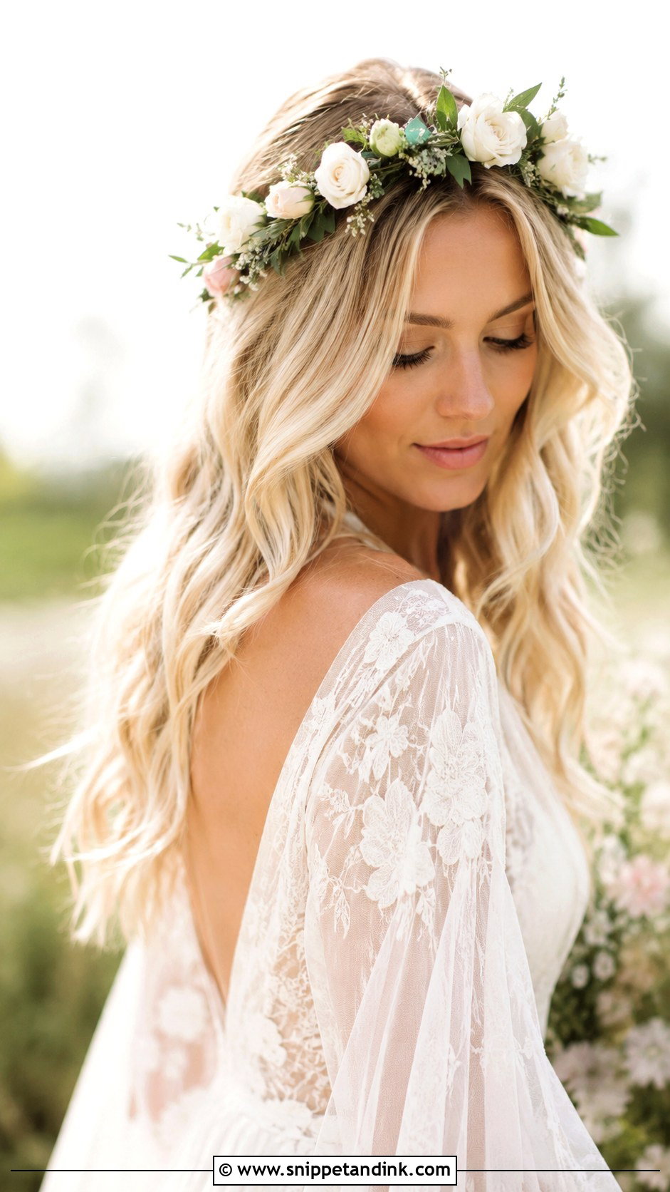 Boho Waves with Flower Crown - Snippet and Ink - 35 Bridal Hair Down Ideas