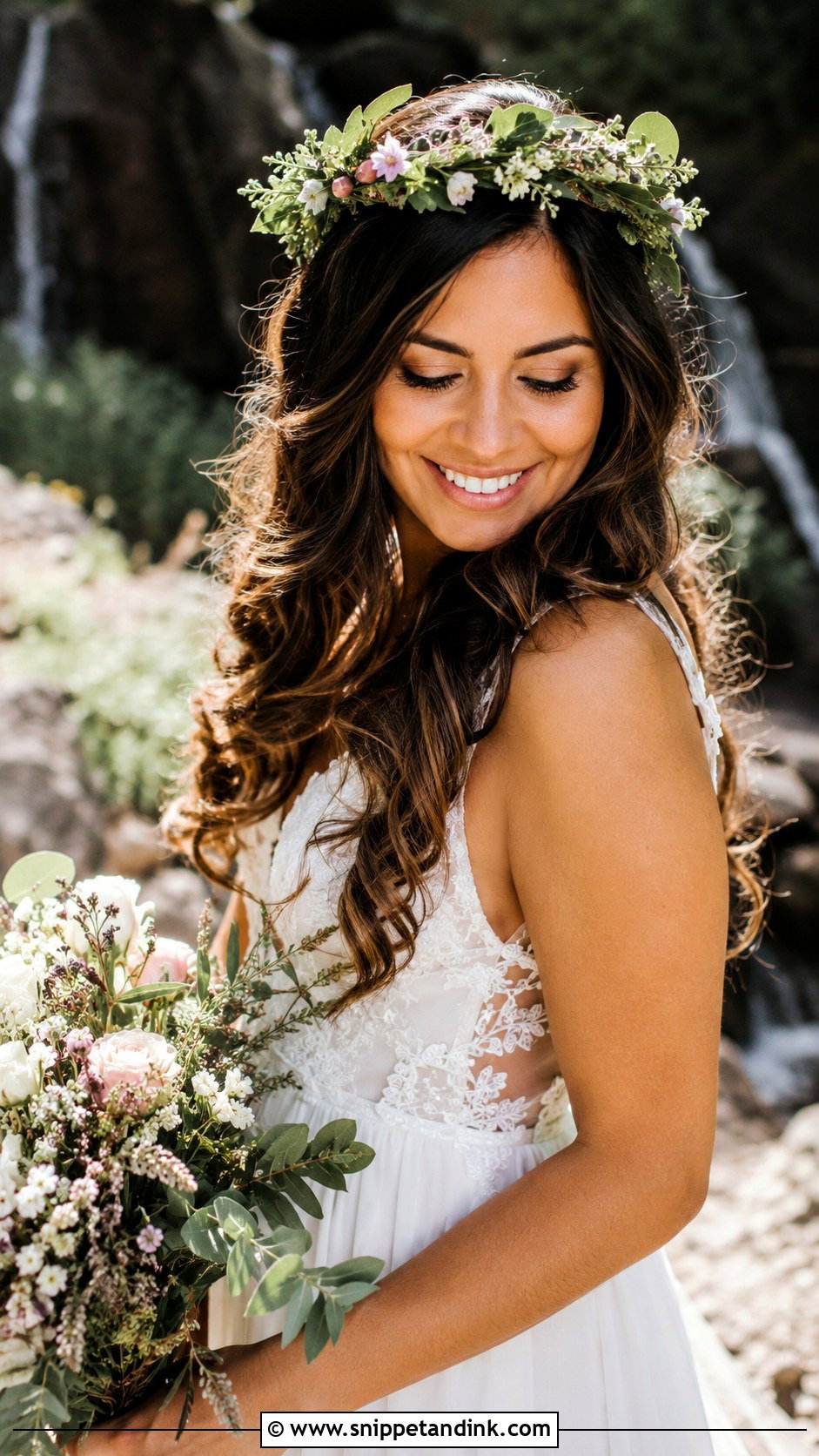 Boho Waves with Flower Crown - Snippet and Ink - 20 Wedding Day Hair Down Ideas