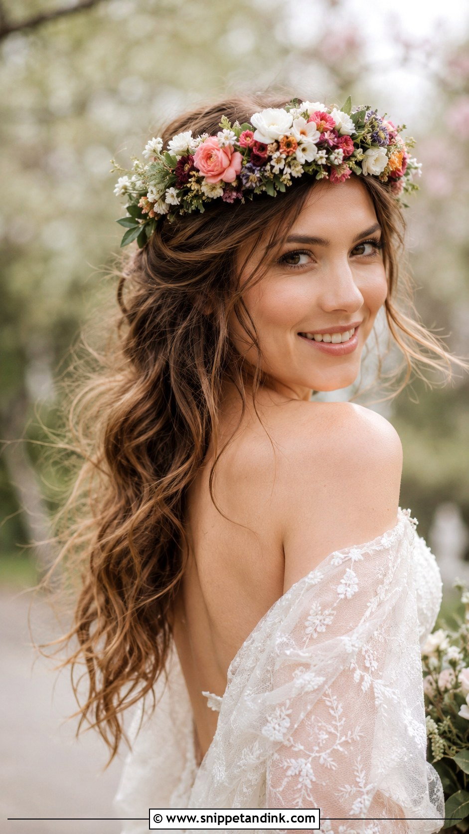 Boho Waves with Flower Crown - Snippet and Ink - 25 Bride Hairstyles for Long Hair
