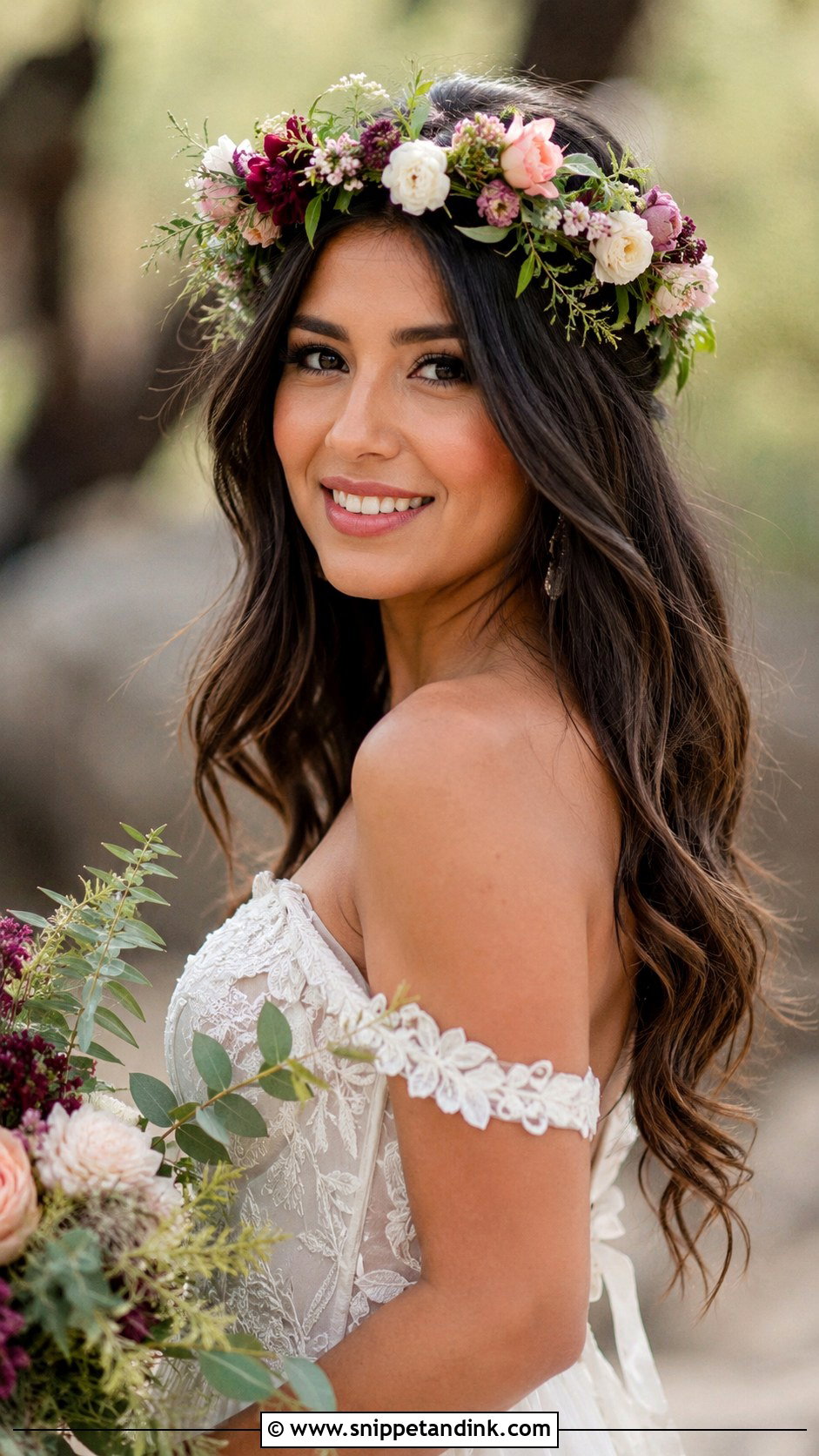 Boho Waves with Flower Crown - Snippet and Ink - 25 Hair Looks for Wedding