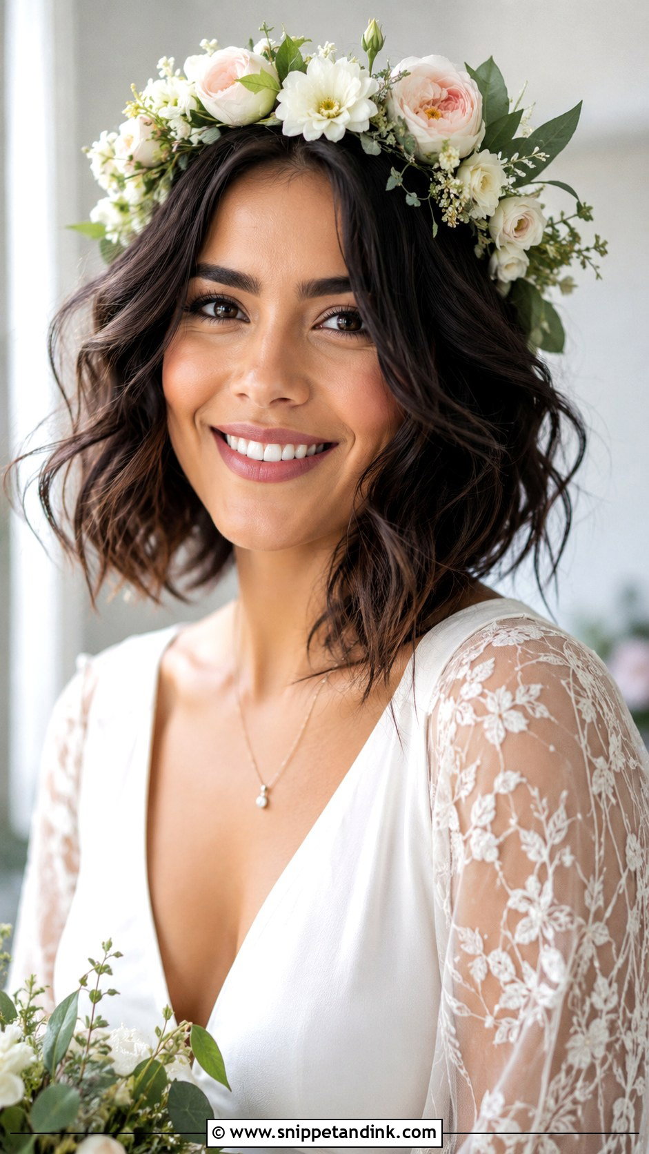 Boho Wavy Bob with Flower Crown - Snippet and Ink - 20 Bob Hairstyles for Wedding