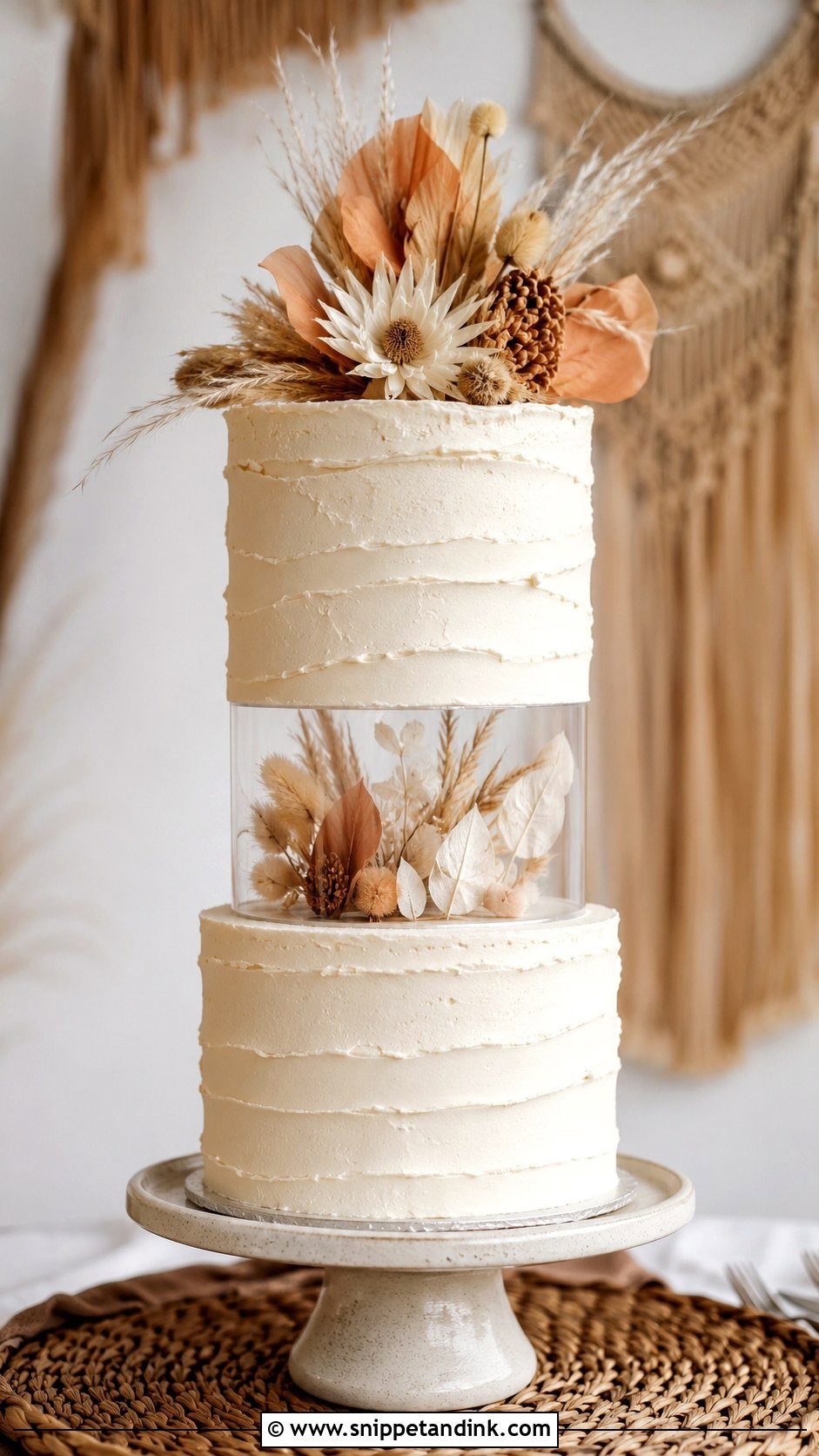 Boho Wedding Cake With Acrylic Separator - Snippet and Ink - 20 Wedding Cake Acrylic Separator Ideas