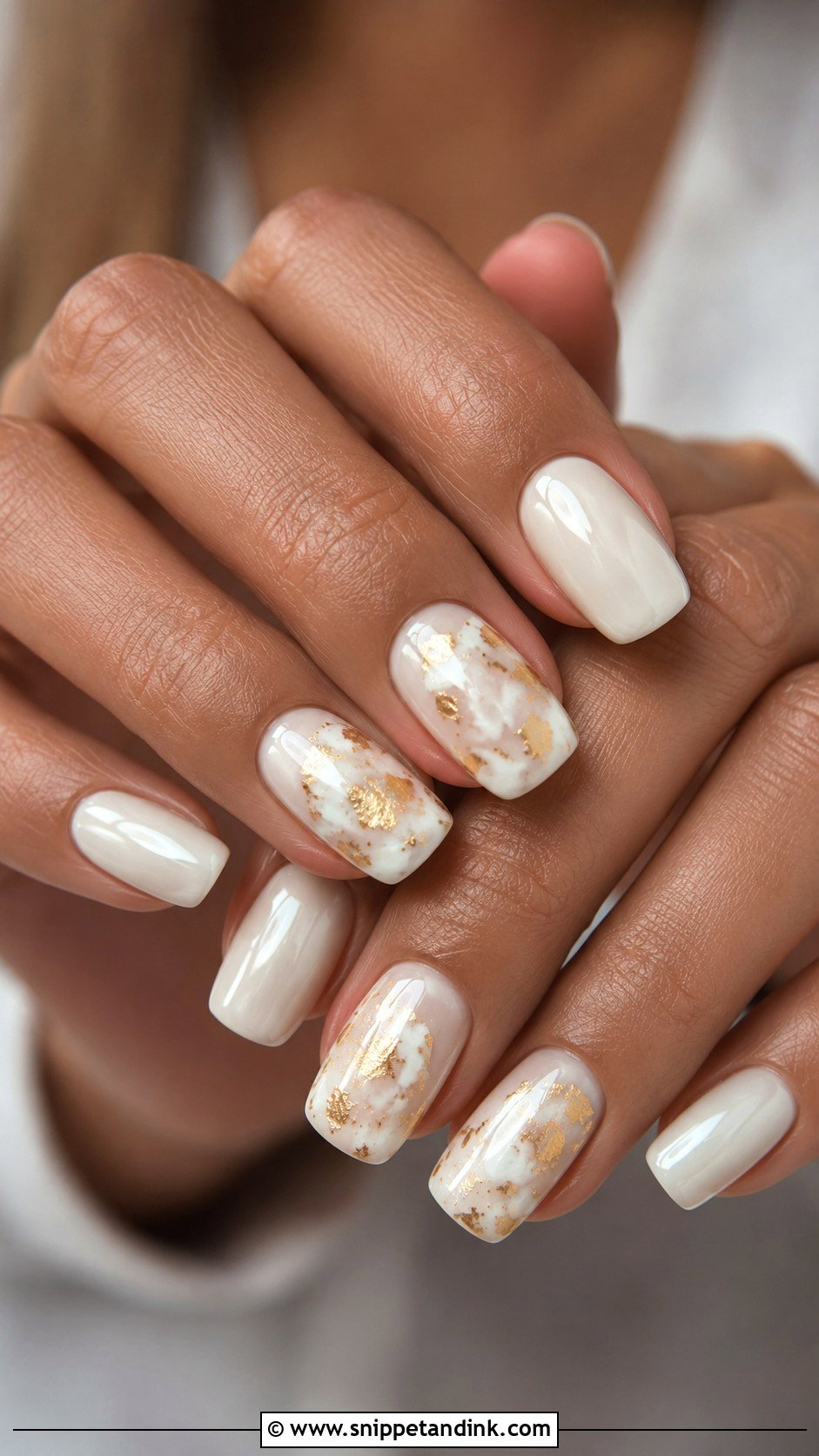 Boho White Nails With Gold Foil - Snippet and Ink - 20 Boho Wedding Nails for Bride