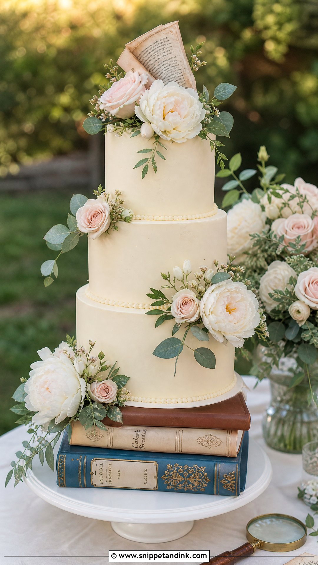 Book And Flowers Wedding Cake - Snippet and Ink - 25 Book Theme Cake Ideas for Wedding