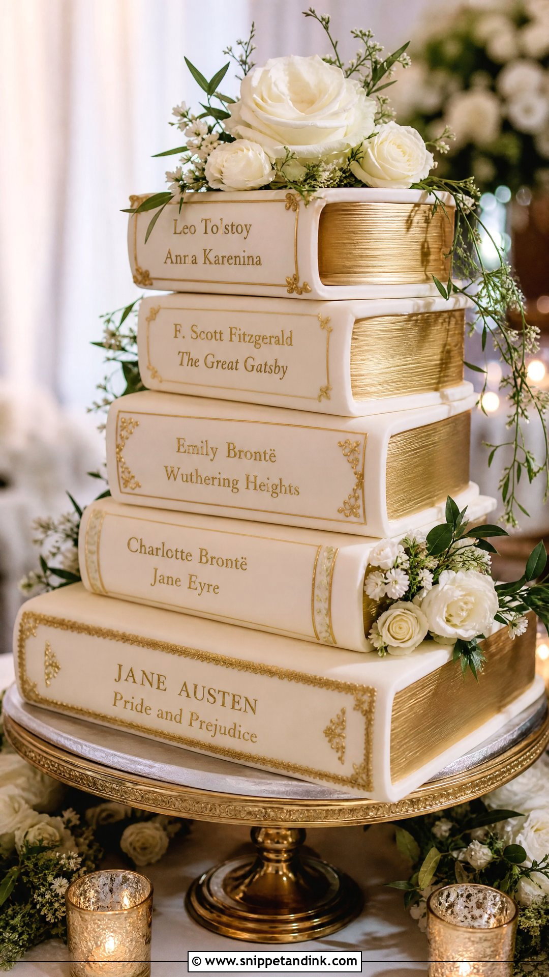 Book And Gold Wedding Cake - Snippet and Ink - 25 Book Theme Cake Ideas for Wedding
