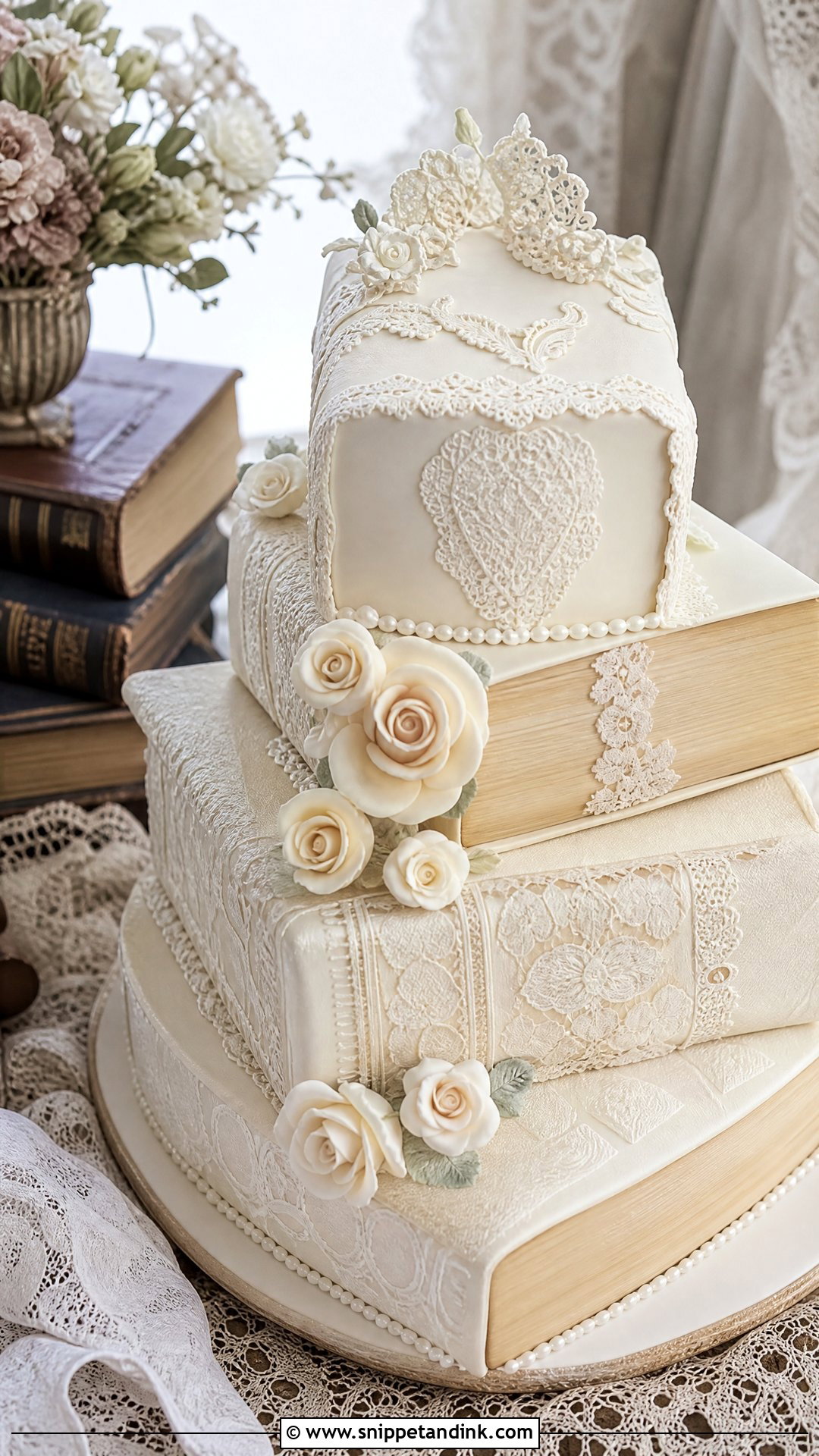 Book And Lace Wedding Cake - Snippet and Ink - 25 Book Theme Cake Ideas for Wedding