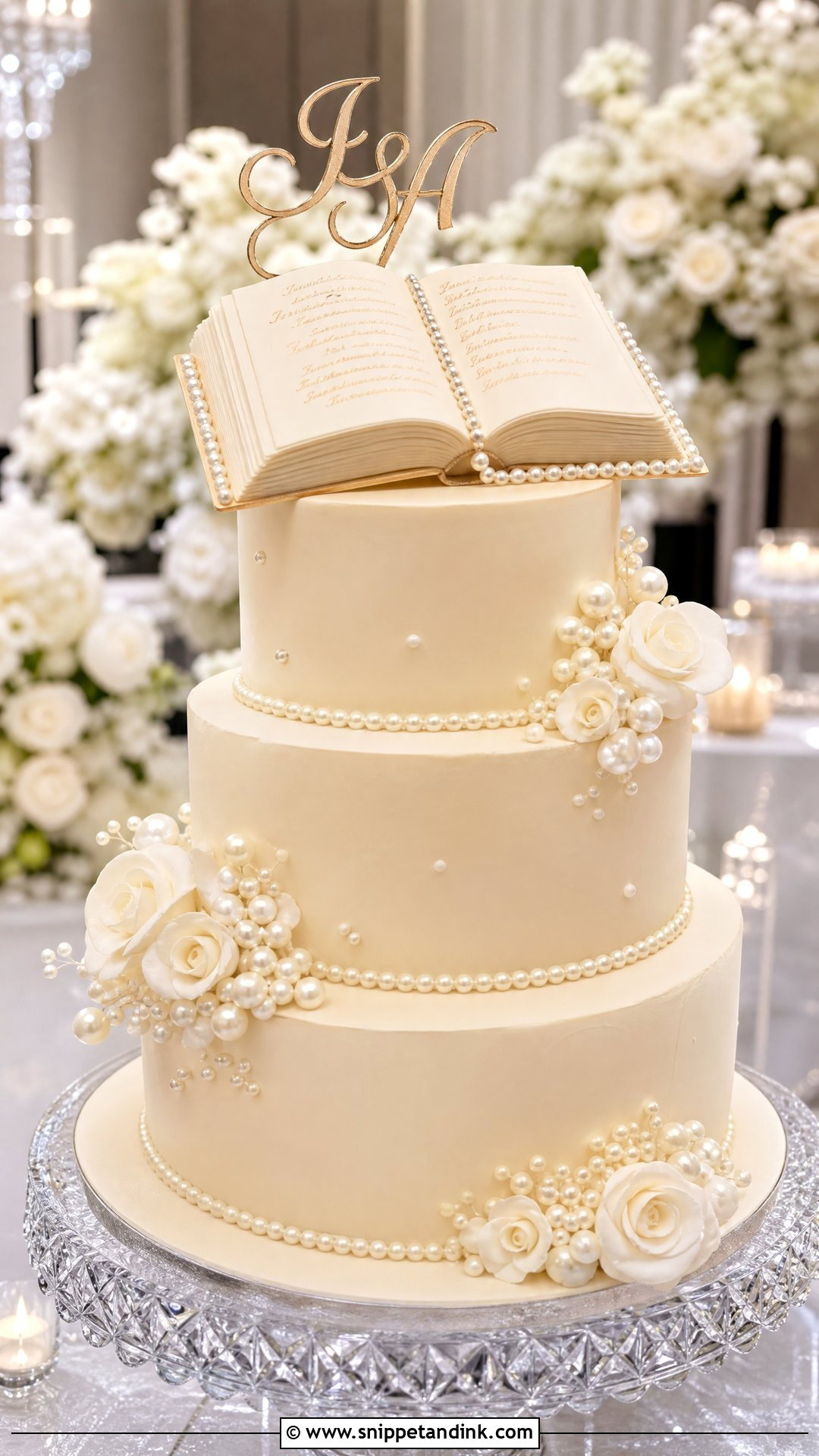 Book And Pearl Wedding Cake - Snippet and Ink - 25 Book Theme Cake Ideas for Wedding