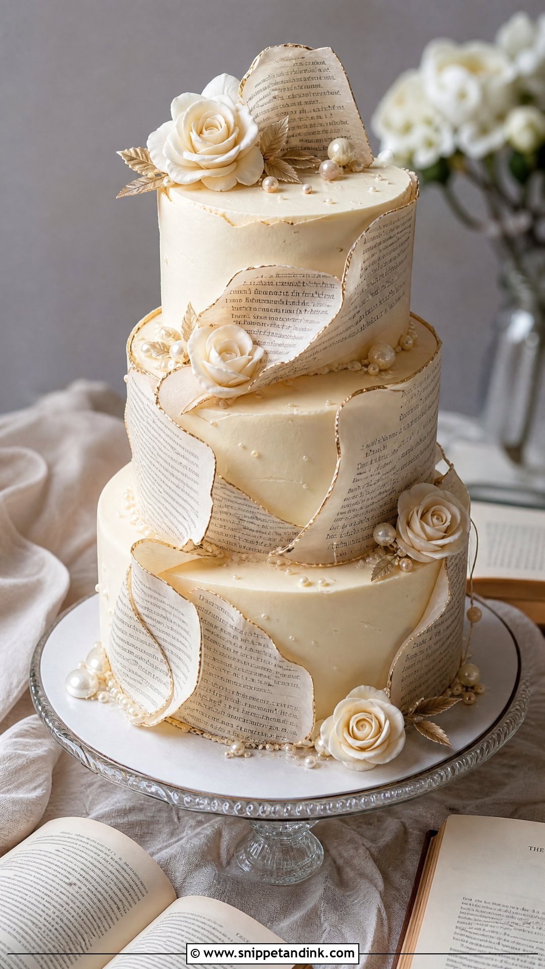 Book Page Wedding Cake - Snippet and Ink - 25 Book Theme Cake Ideas for Wedding