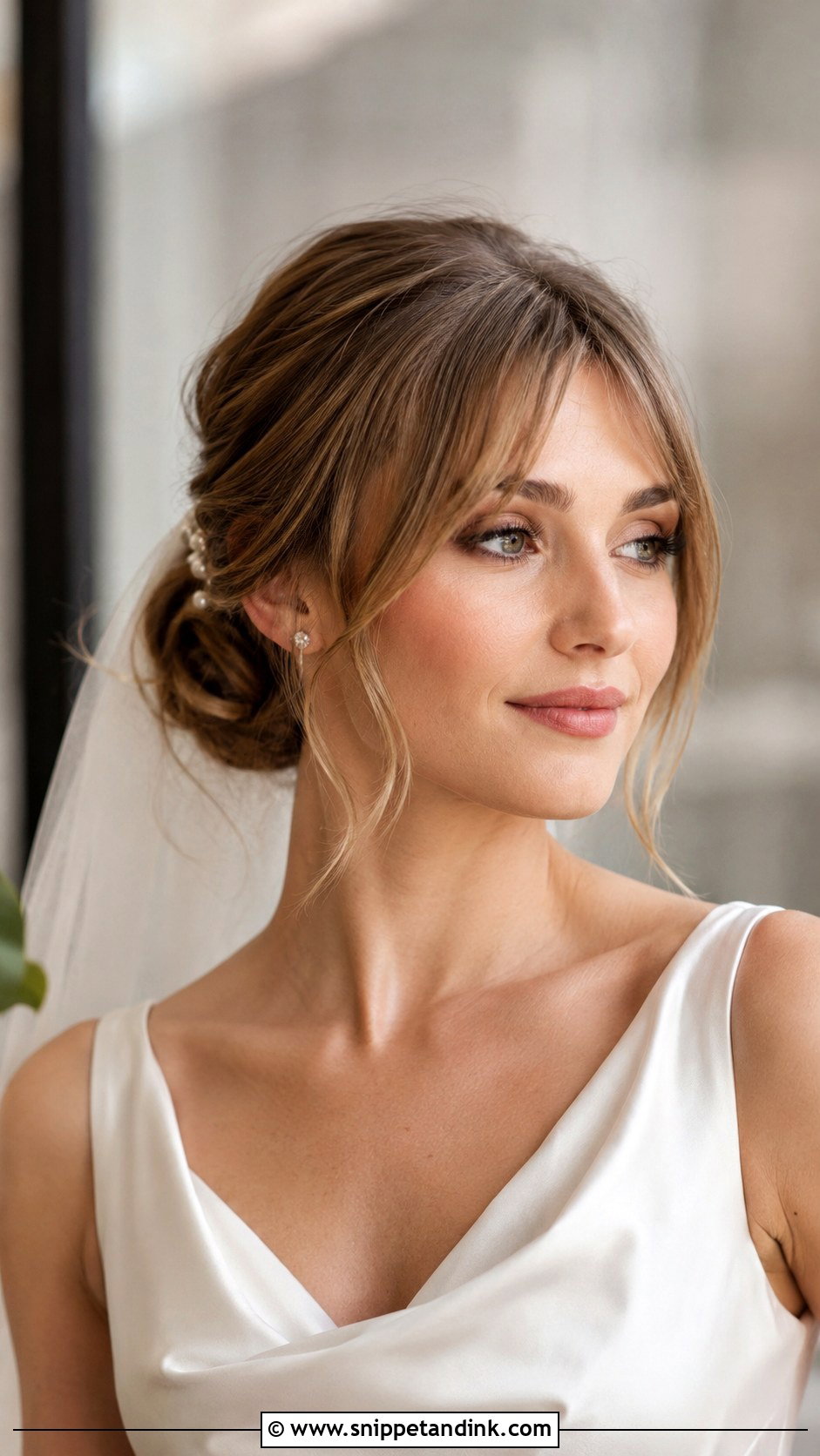 Bottleneck Bangs With Low Bun - Snippet and Ink - 25 Wedding Hair Bangs Ideas