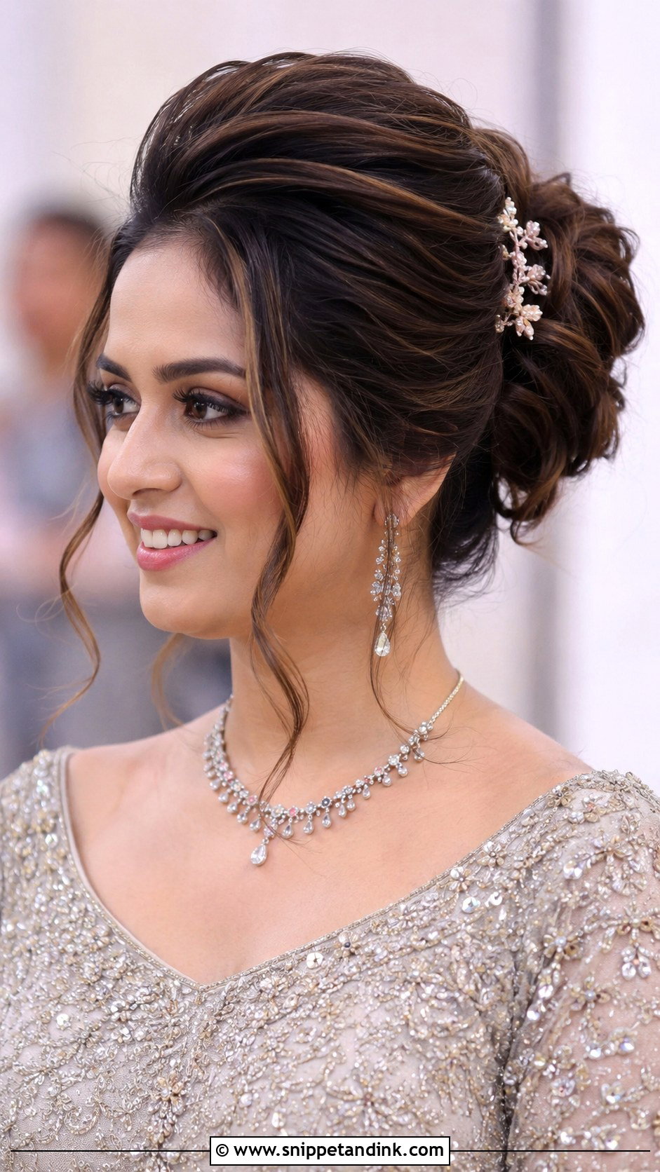 Bouffant Updo With Tendrils - Snippet and Ink - 25 Indian Wedding Hairstyle for Chubby Face Ideas