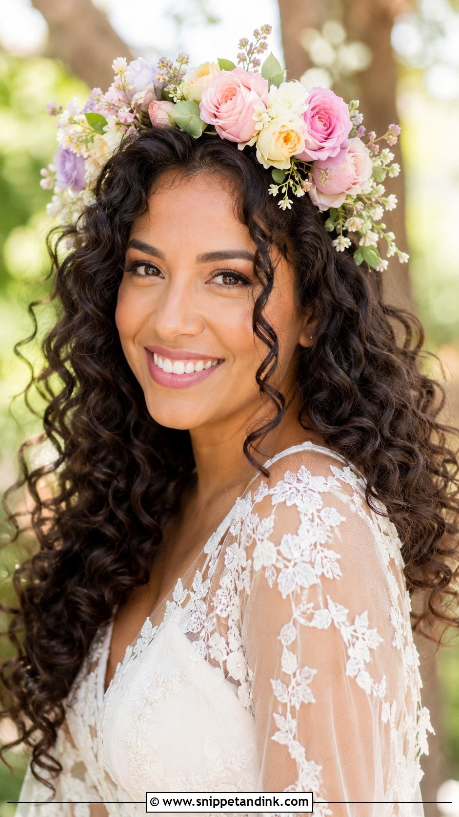Bouncy Curls With Flower Crown - Snippet and Ink - 25 Short Hair Bride Hairstyles