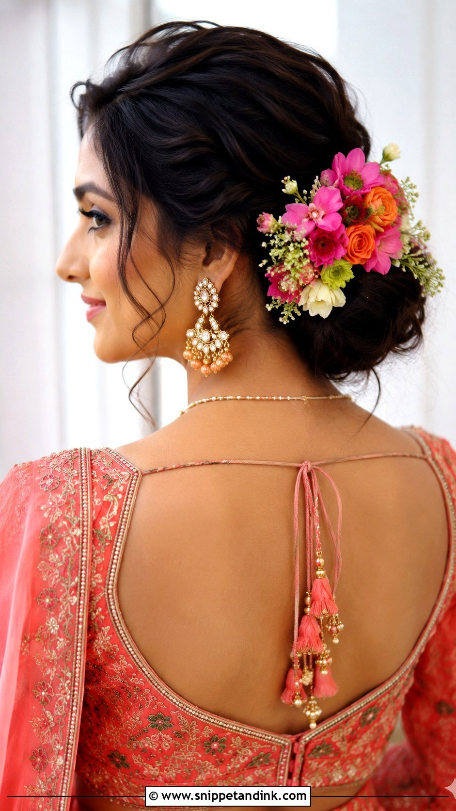 Bouquet Bun With Fresh Flowers - Snippet and Ink - 25 Indian Front Look Bridal Bun Hairstyles