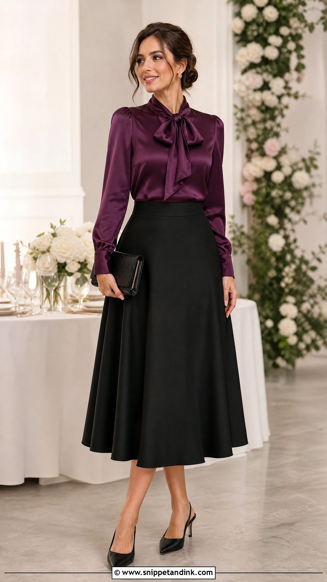 Bow Neck Blouse With A Line Skirt Wedding Outfit - Snippet and Ink - 20 dressy tops for a wedding outfit ideas