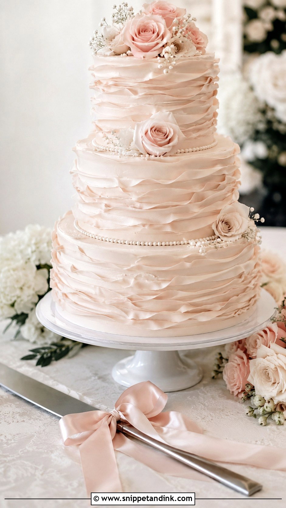 Bow Wedding Cake Knife With Romantic Wedding Cake - Snippet and Ink - 30 Wedding Cake Knife Decoration Ideas