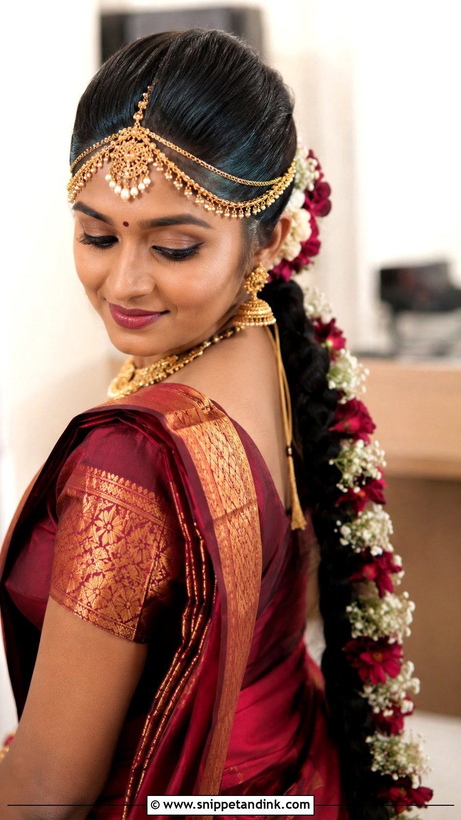 Braid With Matha Patti - Snippet and Ink - 25 South Indian Bride Engagement Hairstyle Ideas