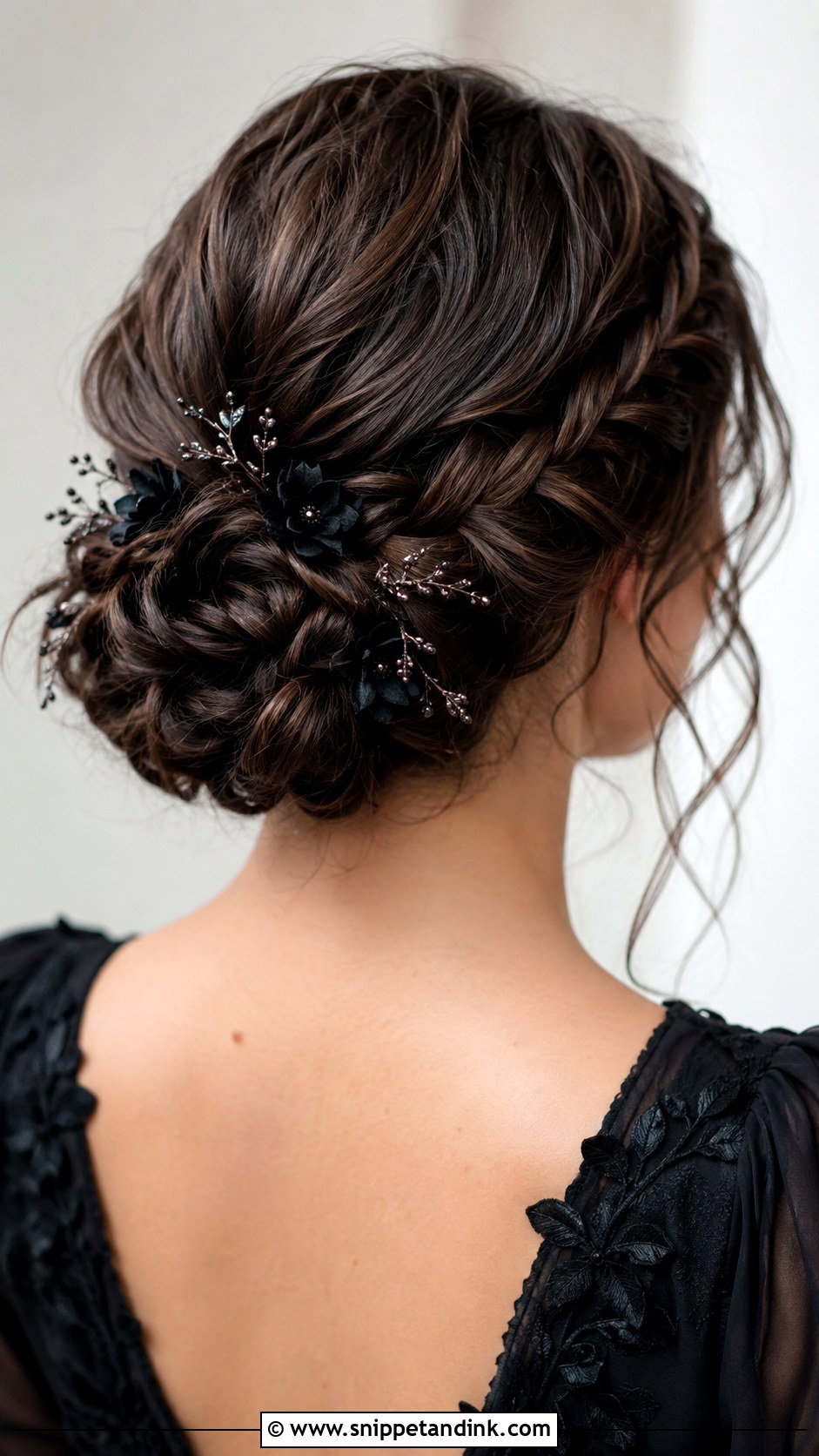 Braided Bun With Dark Floral Pins - Snippet and Ink - 25 Goth Wedding Hair Ideas