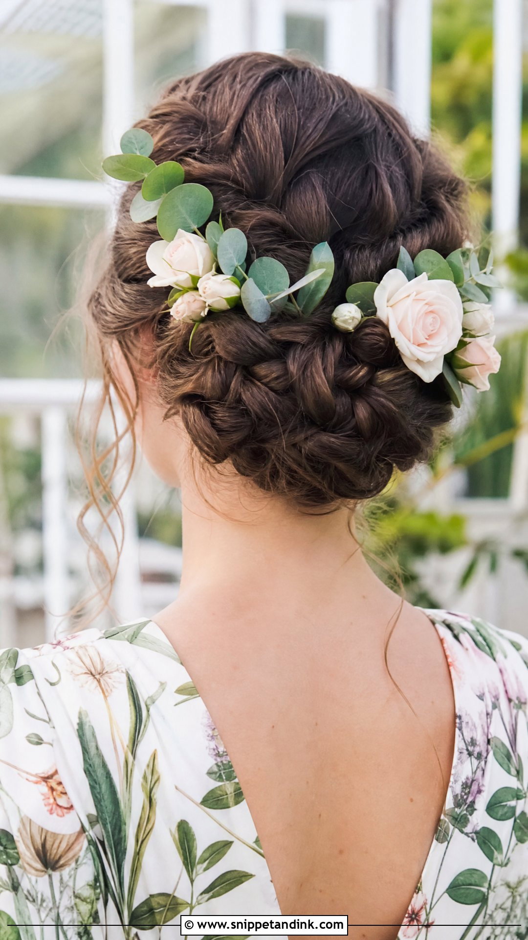 Braided Bun With Eucalyptus and Roses - Snippet and Ink - 20 Floral Updo Ideas