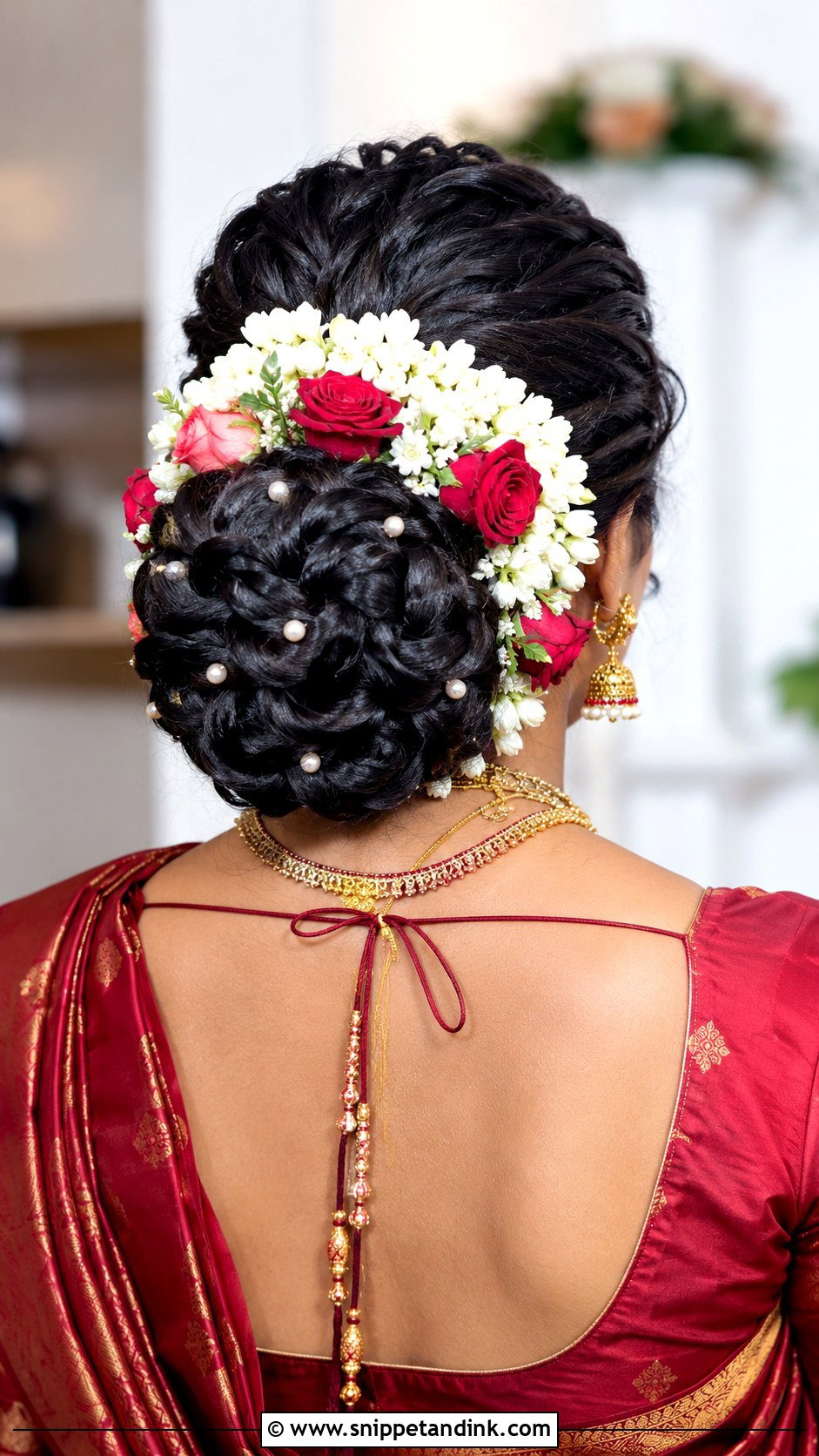 Braided Bun With Flowers And Pearls - Snippet and Ink - 20 South Indian Bridal Wedding Hairstyles