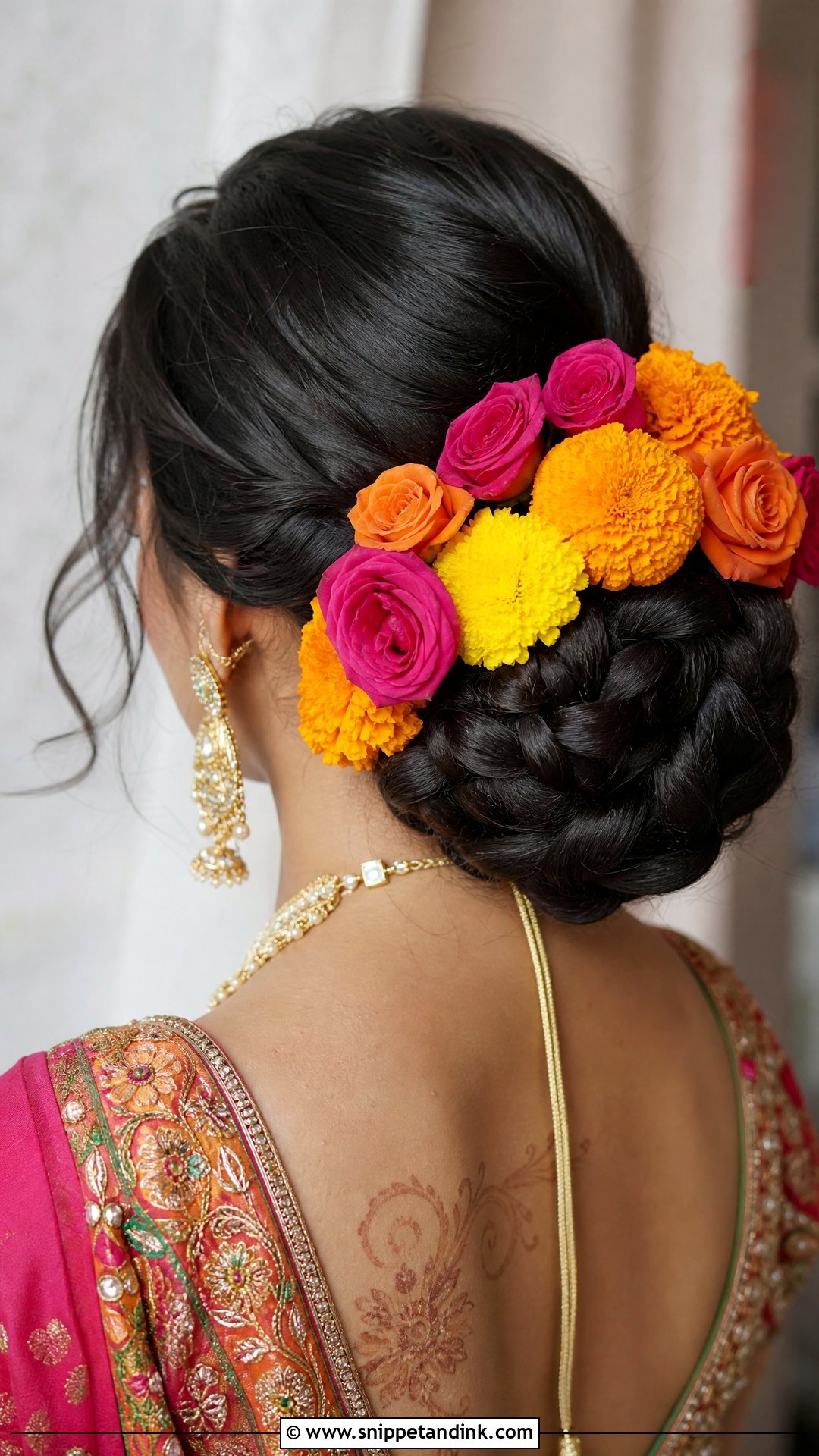 Braided Bun With Fresh Flowers - Snippet and Ink - 20 Indian Wedding Bun Hairstyle Ideas