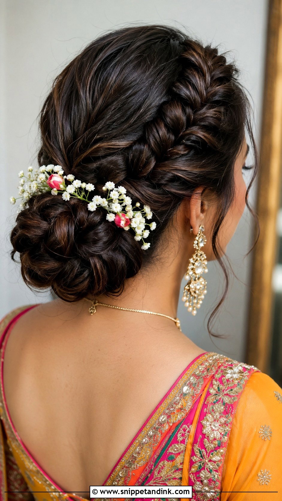 Braided Bun With Fresh Flowers - Snippet and Ink - 25 Indian Wedding Hairstyles for Long Hair