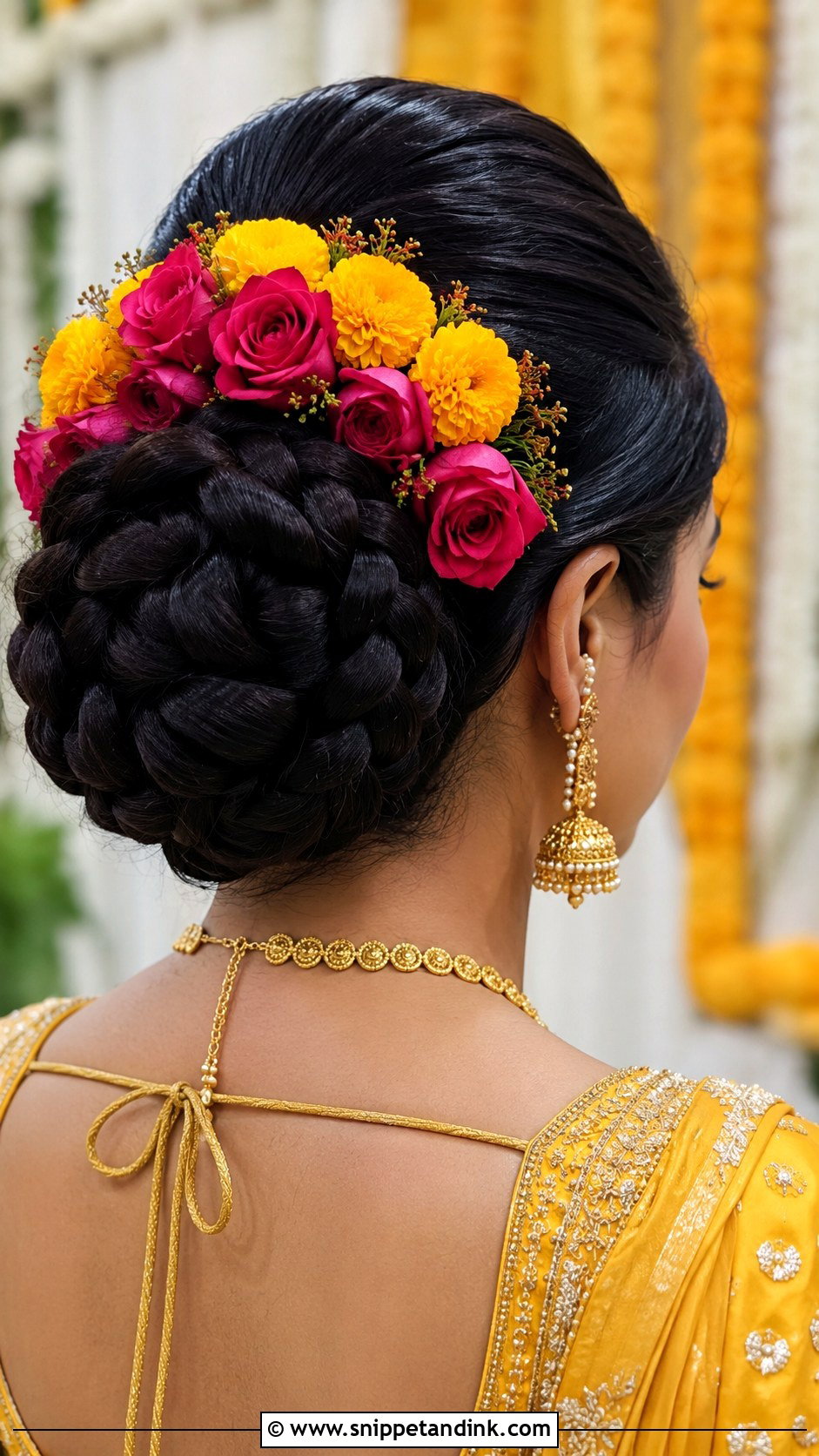 Braided Bun With Fresh Flowers - Snippet and Ink - 25 Indian Weddings Bridal Hairstyles