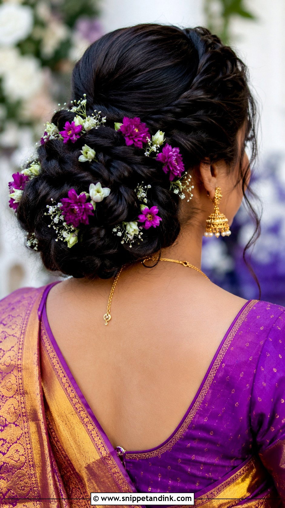 Braided Bun With Fresh Flowers - Snippet and Ink - 30 Indian Hairstyles for Weddings