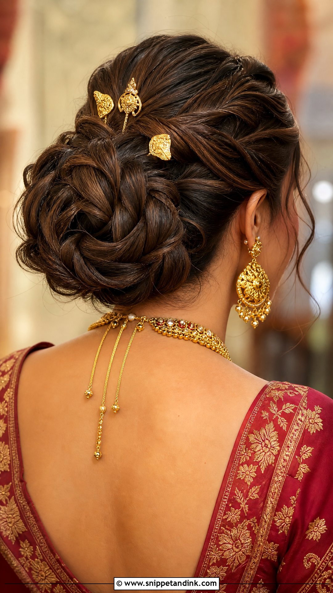 Braided Bun With Gold Pins - Snippet and Ink - 20 Bengali Bridal Hairstyle Ideas