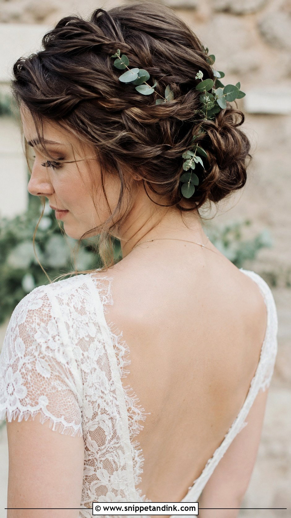 Braided Bun With Greenery - Snippet and Ink - 25 Brunette Wedding Updo Ideas