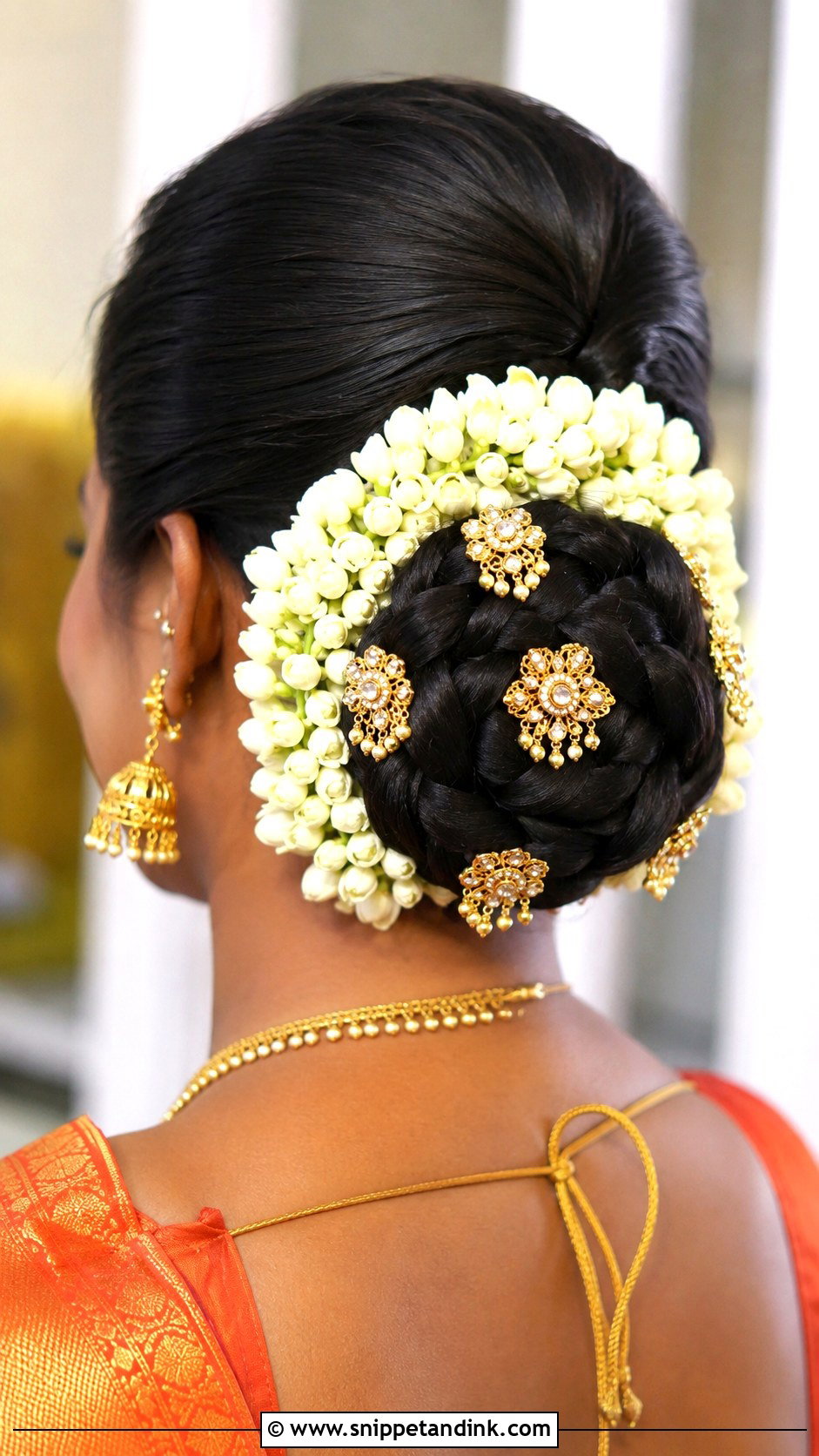 Braided Bun With Jasmine And Gold - Snippet and Ink - 20 South Indian Bride Hairstyle with Jasmine Flowers