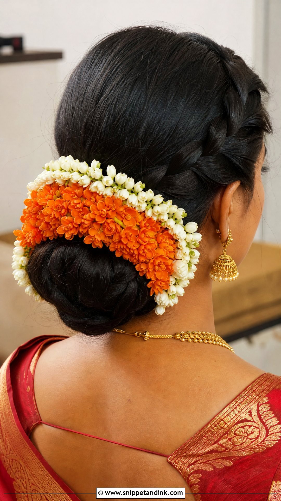 Braided Bun With Kanakambaram Flowers - Snippet and Ink - 20 South Indian Wedding Hairstyles for Long Hair