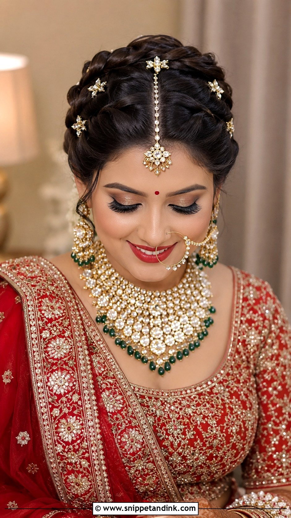 Braided Bun With Kundan Pins - Snippet and Ink - 20 Latest Indian Wedding Bridal Hairstyle Ideas
