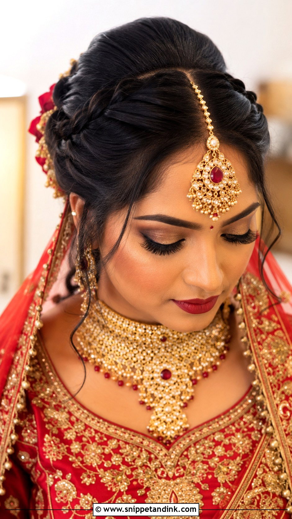 Braided Bun With Maang Tikka - Snippet and Ink - 25 Indian Front Look Bridal Bun Hairstyles