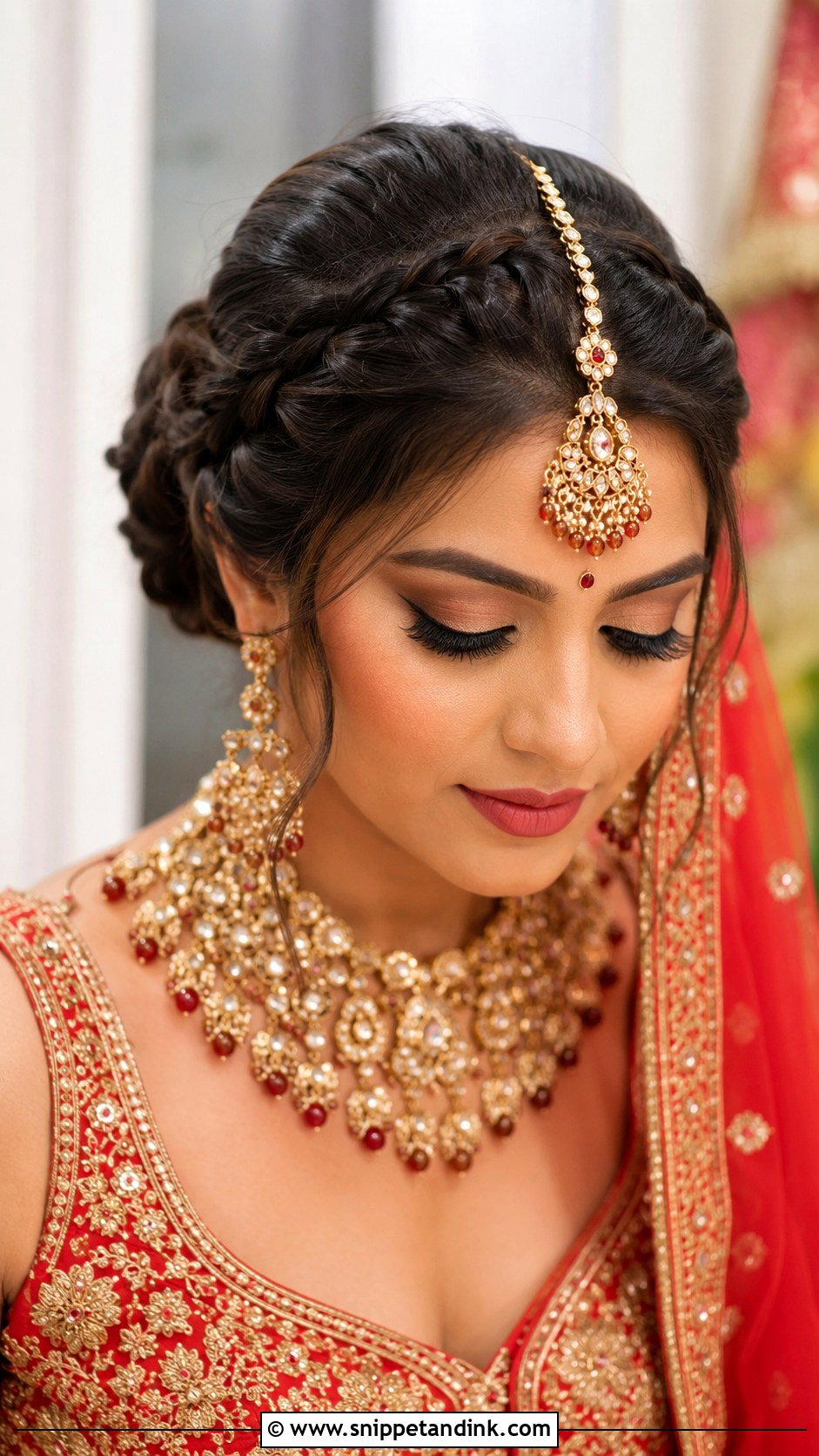 Braided Bun With Maang Tikka - Snippet and Ink - 25 Traditional Indian Weddings Bridal Hairstyles
