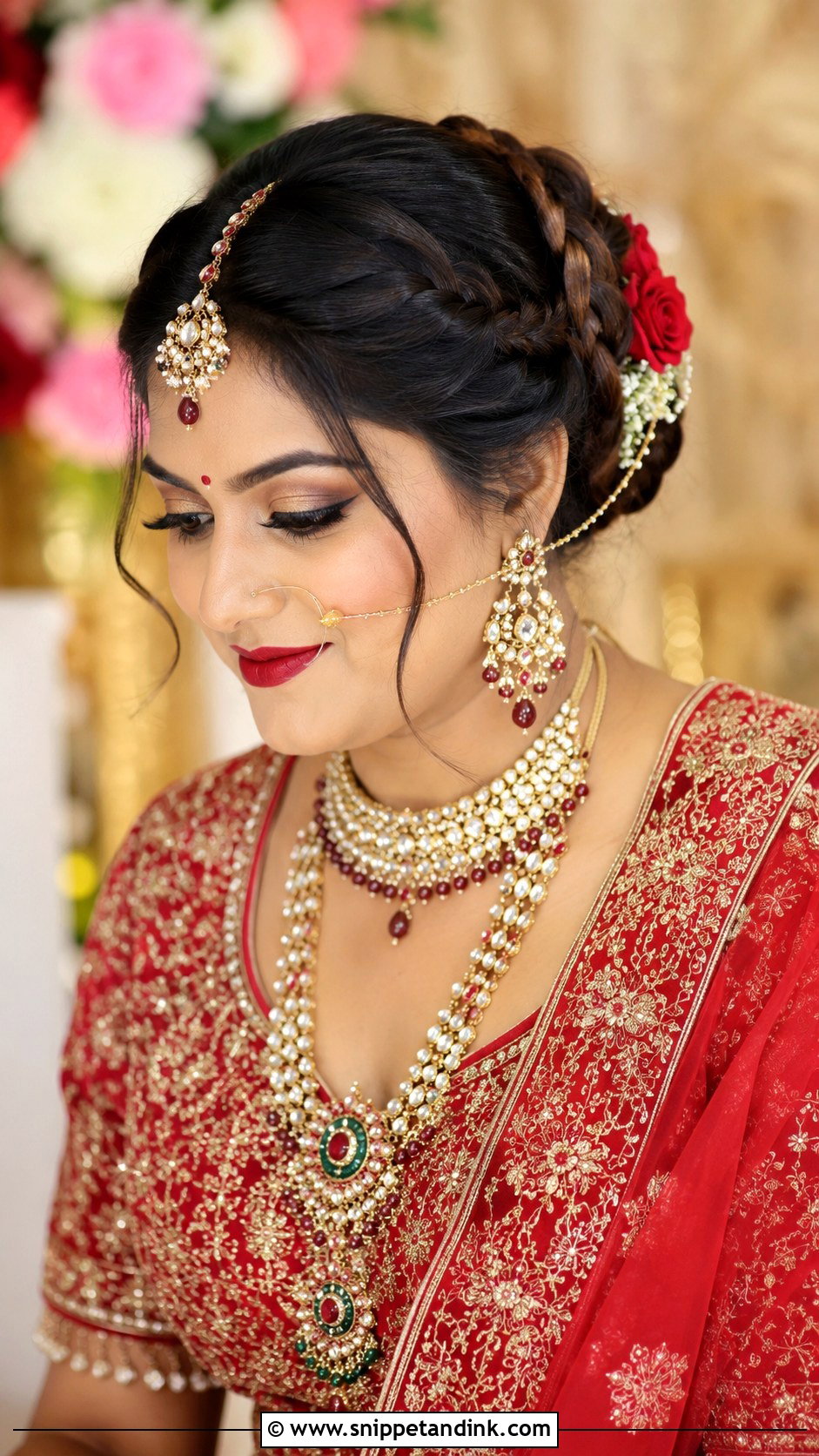 Braided Bun With Maang Tikka - Snippet and Ink - 35 Indian Wedding Bridal Hairstyle Ideas