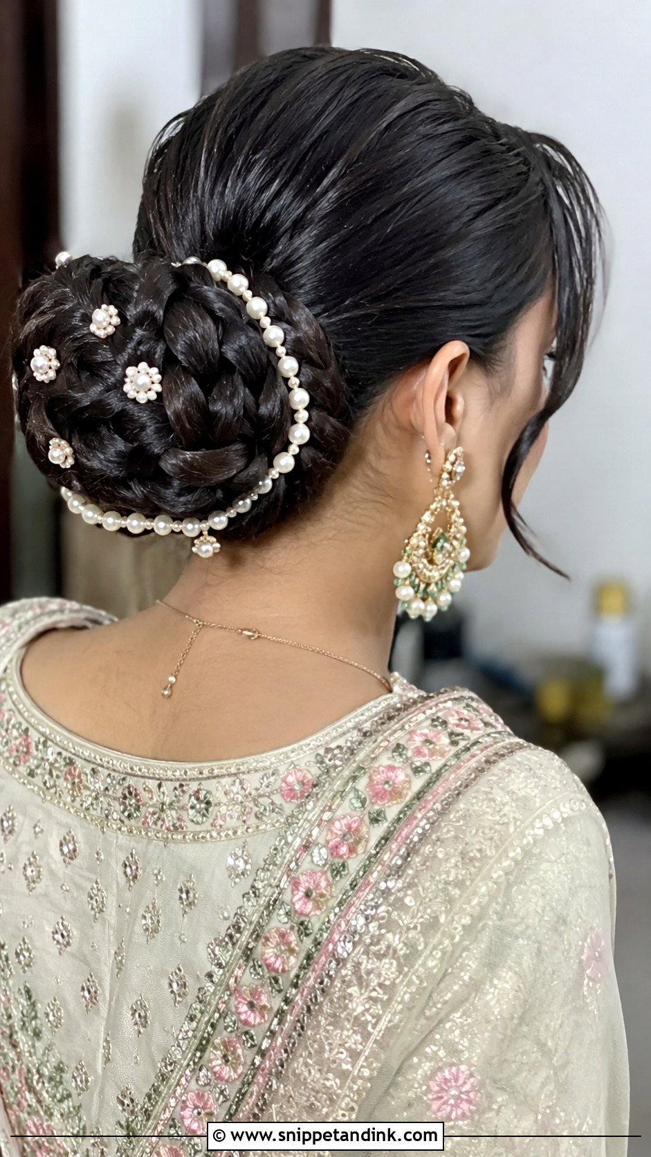 Braided Bun With Pearl Accessories - Snippet and Ink - 20 Mehendi Bride Hairstyle Ideas