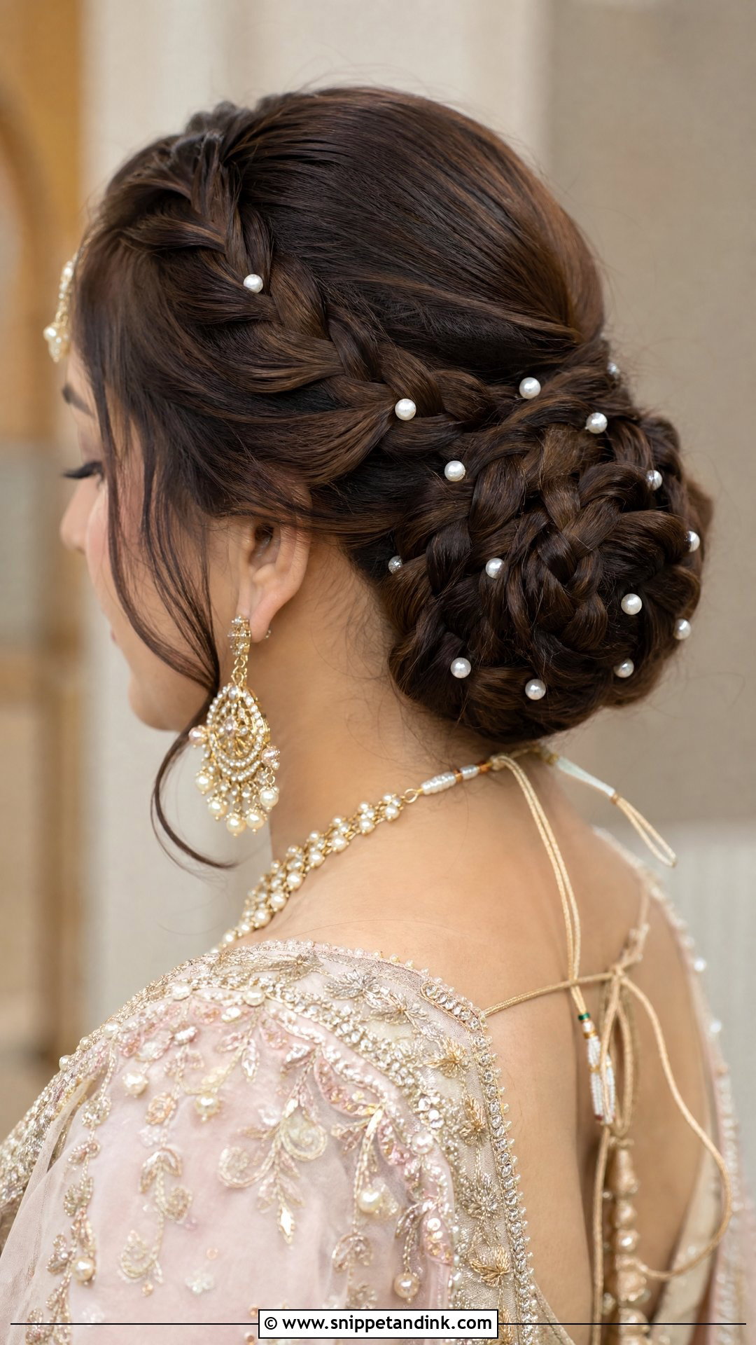 Braided Bun With Pearls - Snippet and Ink - 20 Pakistani Bridal Hairstyles Nikah