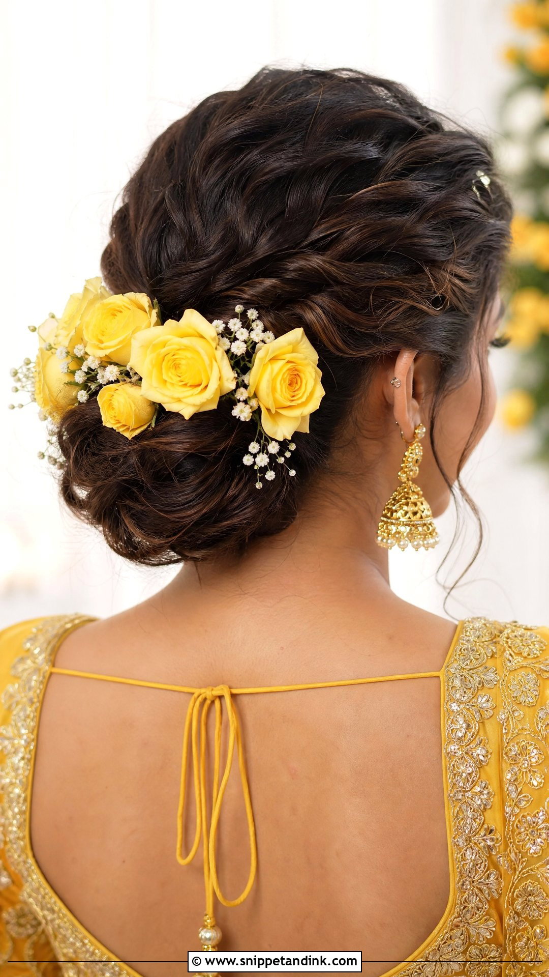 Braided Bun With Rose Clusters - Snippet and Ink - 20 Haldi Bridal Hairstyle Ideas