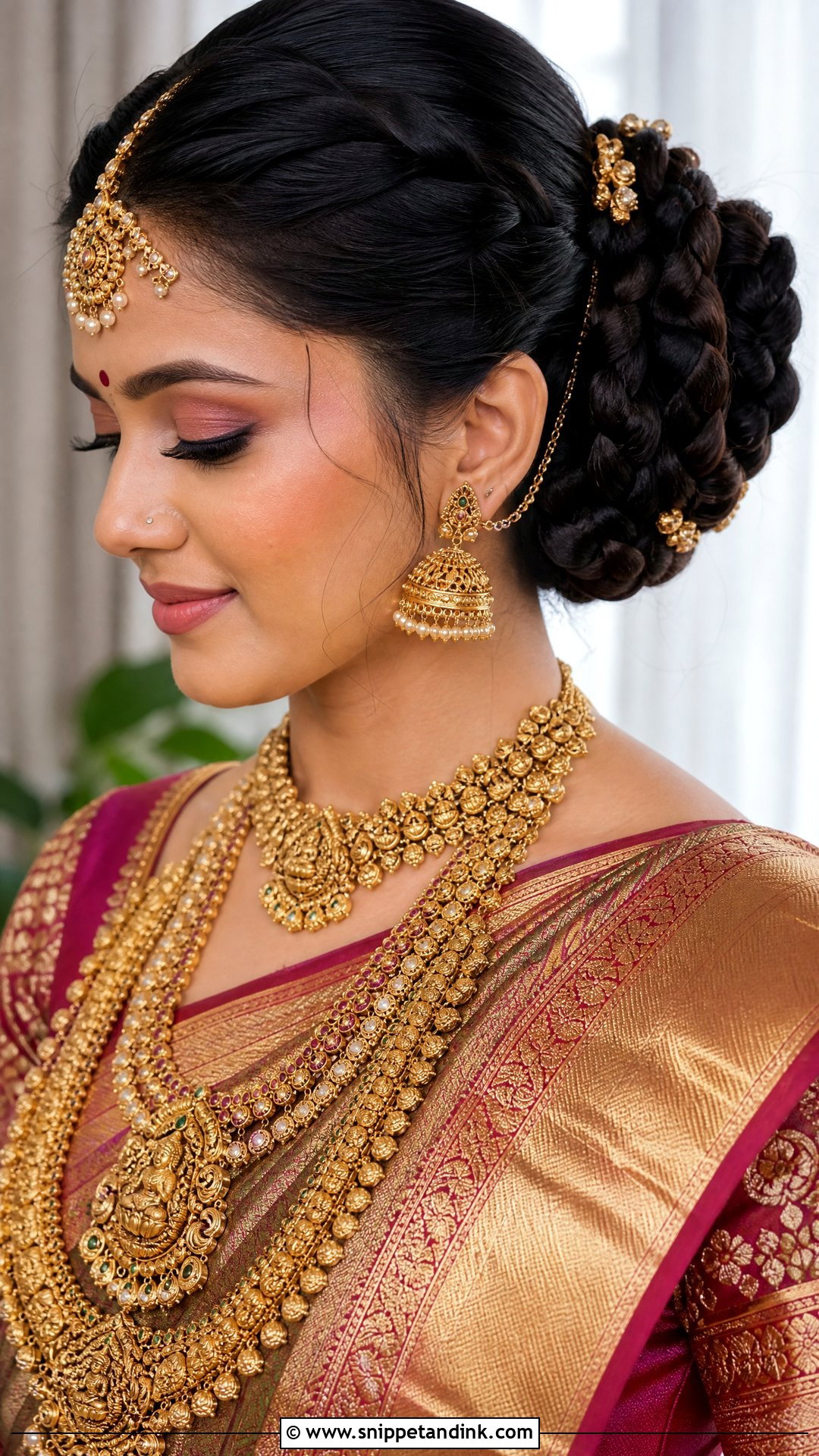 Braided Bun With Temple Jewelry - Snippet and Ink - 20 Desi Wedding Hairstyles for Long Hair