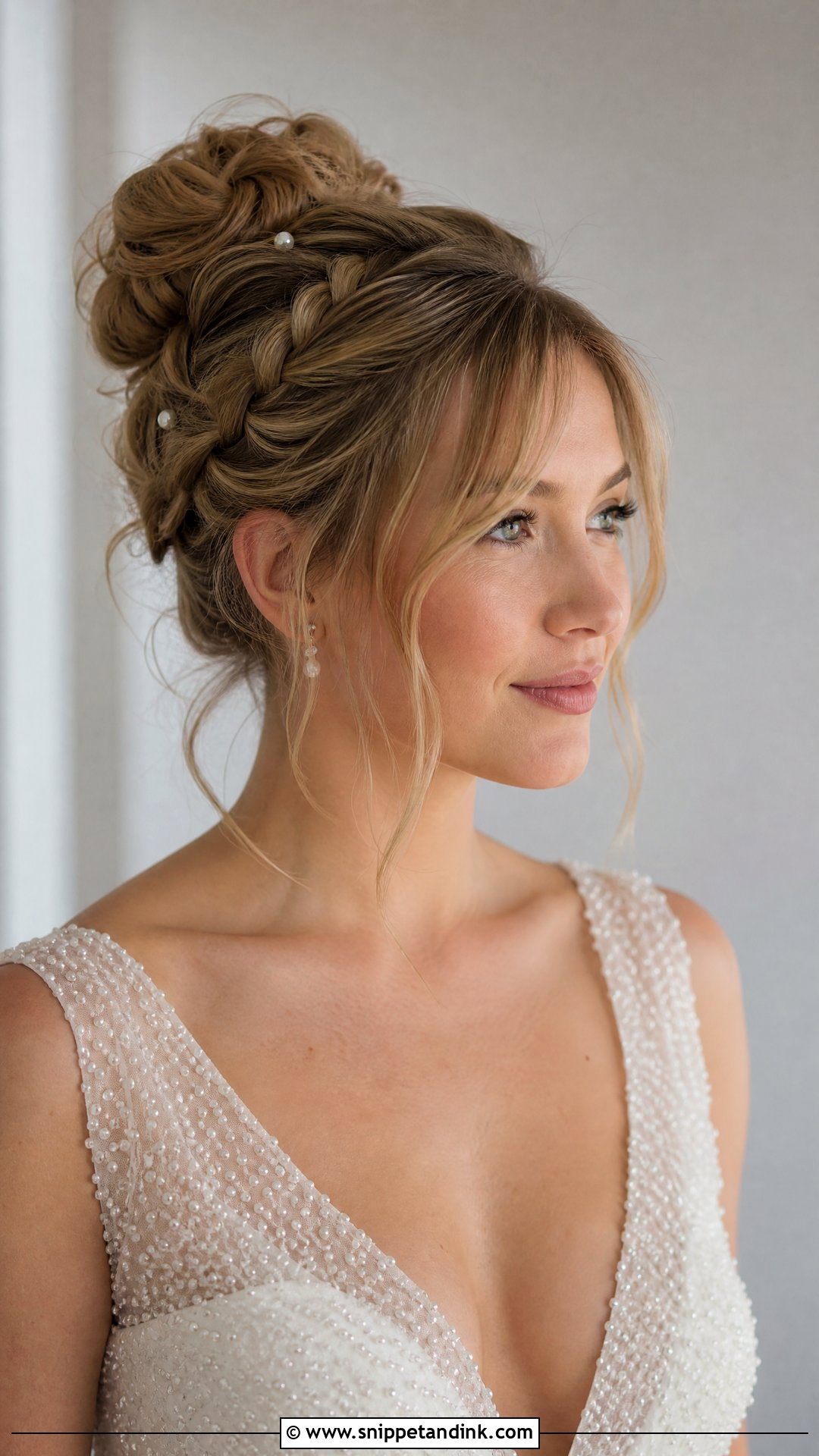Braided Bun With Wispy Fringe - Snippet and Ink - 20 Wedding Hairstyles Bangs