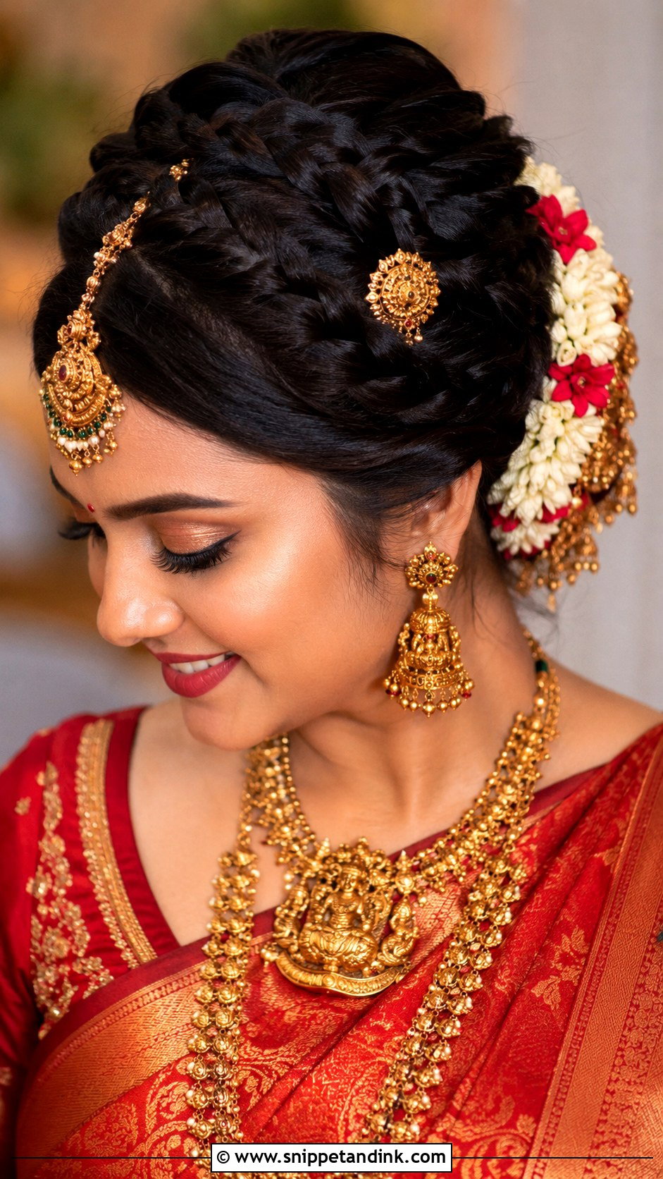 Braided Bun with Temple Jewelry - Snippet and Ink - 25 South Indian Bride Muhurtham Hairstyle Ideas