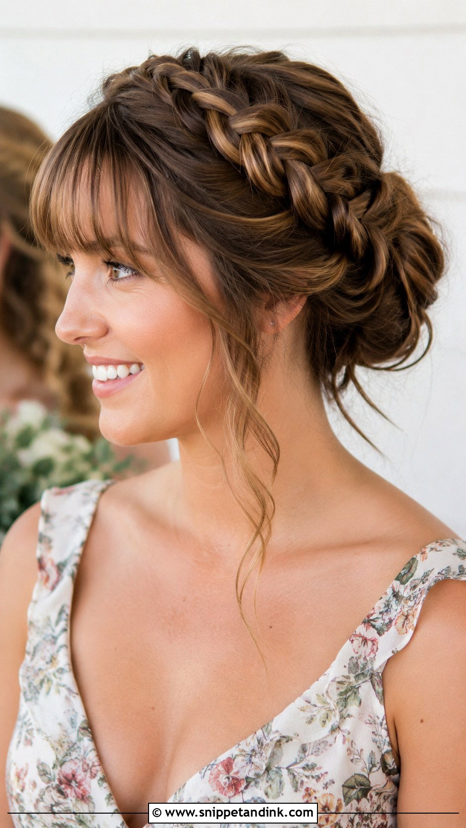 Braided Crown Bridesmaid Hair With Bangs - Snippet and Ink - 25 Bridesmaid Hair with Bangs Ideas