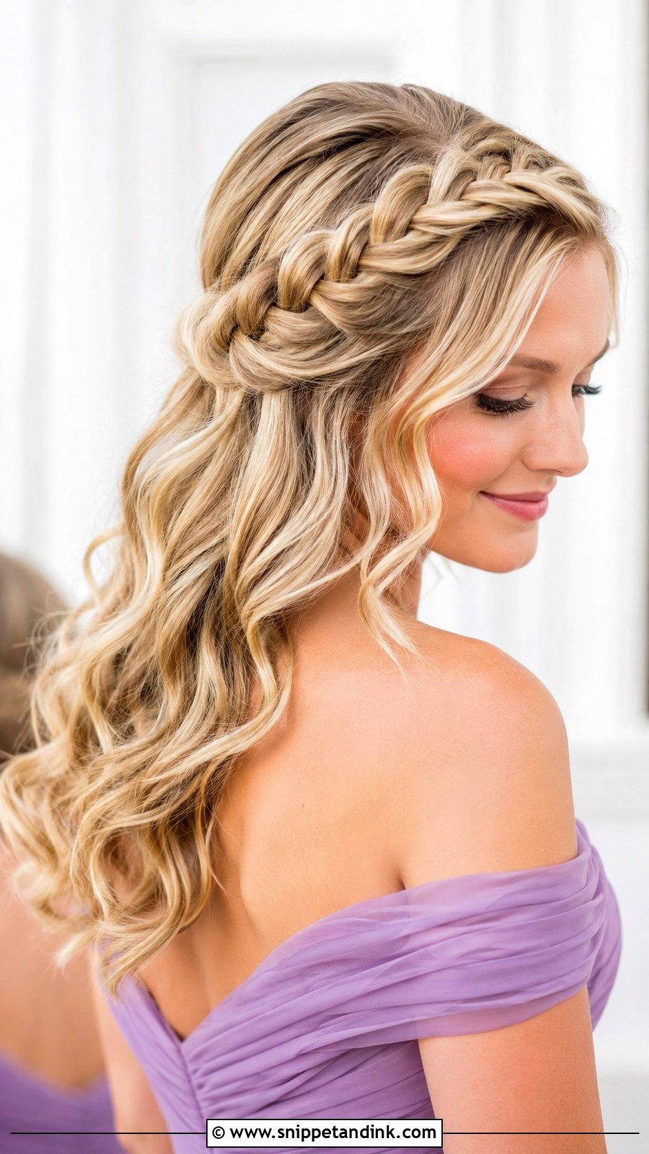Braided Crown Bridesmaid Hairstyle With Off Shoulder Dress - Snippet and Ink - 20 Bridesmaid Hairstyles with Off Shoulder Dress